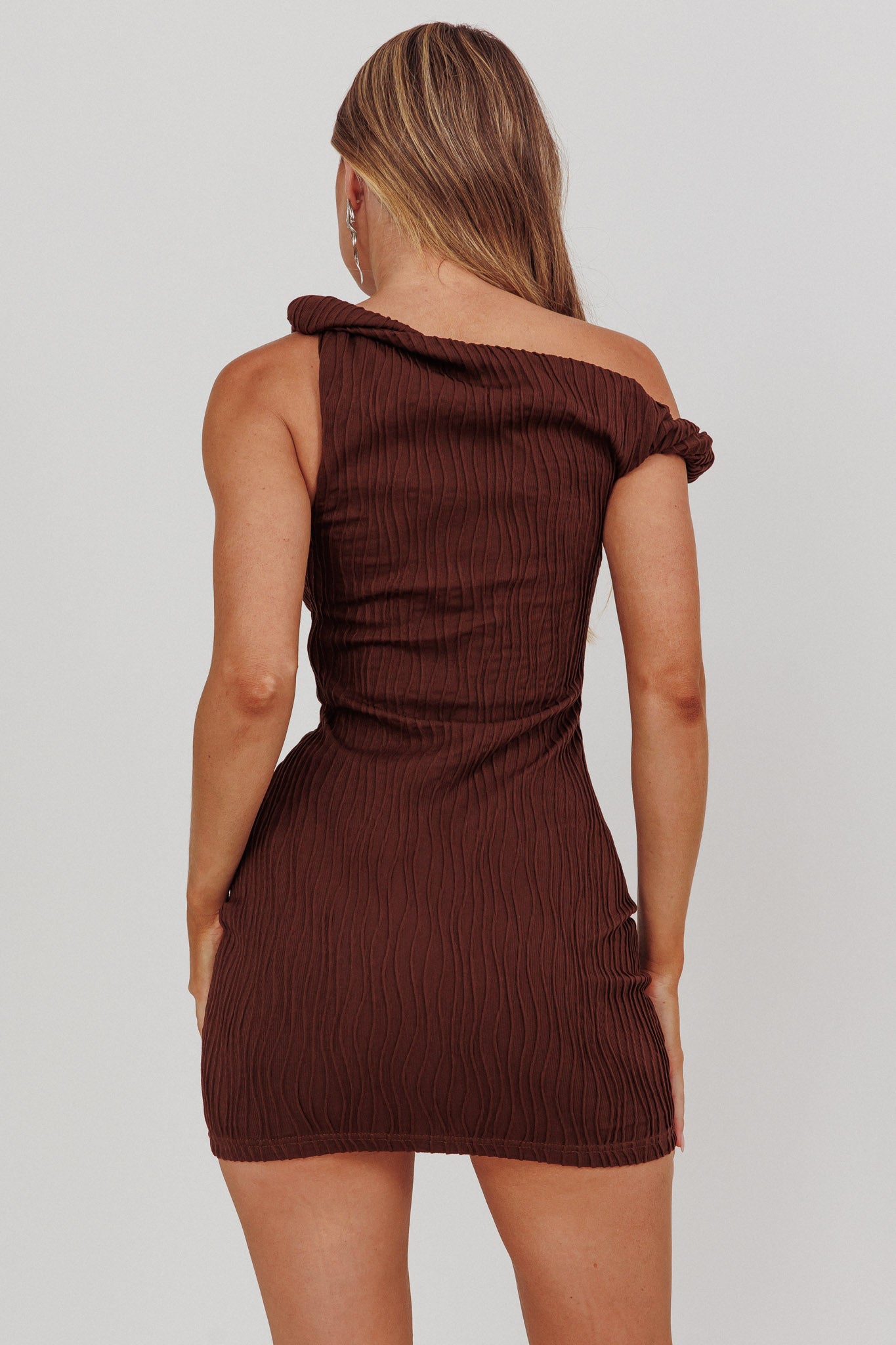 Lingering Love One-Shoulder Mini Dress Brown by Selfie Leslie Australia