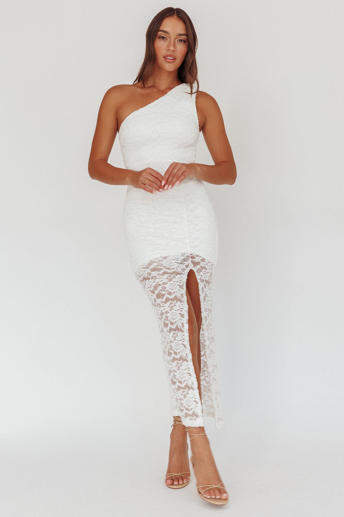 Lingering Love One-Shoulder Split Midi Dress Lace White by Selfie Leslie Australia
