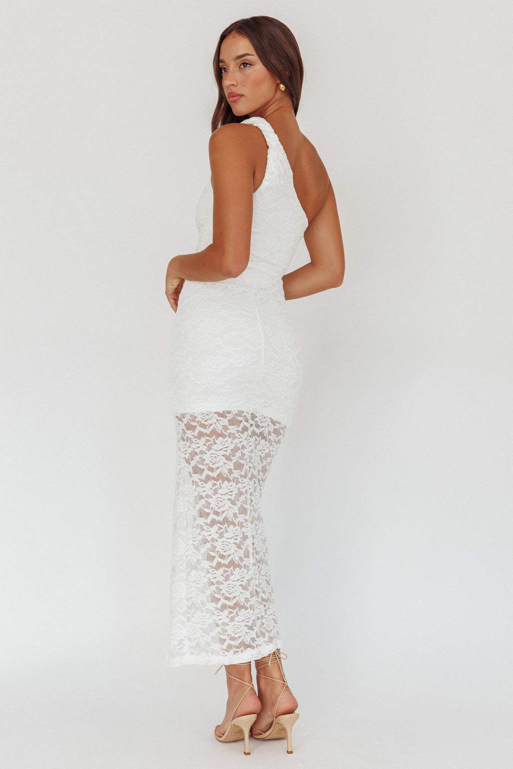 Lingering Love One-Shoulder Split Midi Dress Lace White by Selfie Leslie Australia