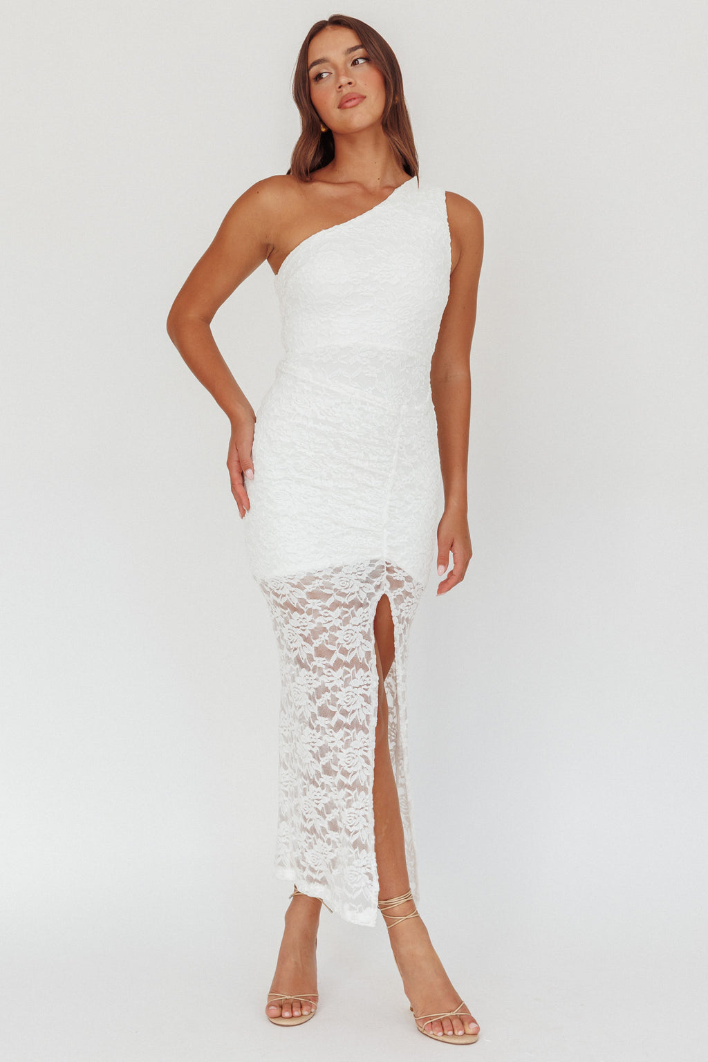 Lingering Love One-Shoulder Split Midi Dress Lace White by Selfie Leslie Australia