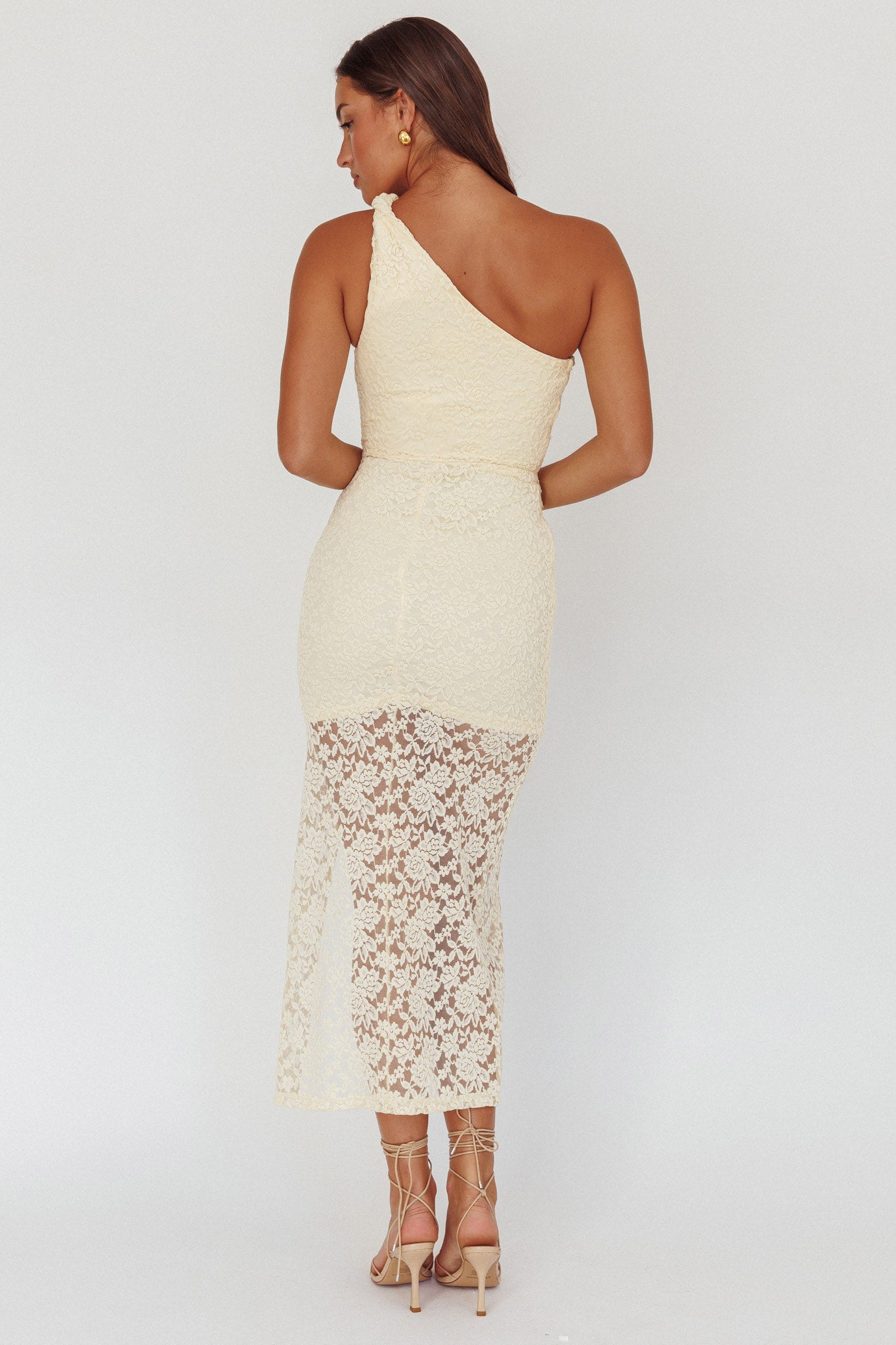 Lingering Love One-Shoulder Split Midi Dress Lace Yellow by Selfie Leslie Australia