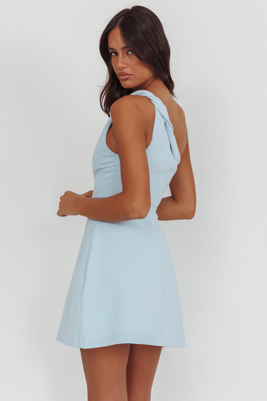 Lingering Love One-Shoulder Twist Mini Dress Blue by Selfie Leslie Australia