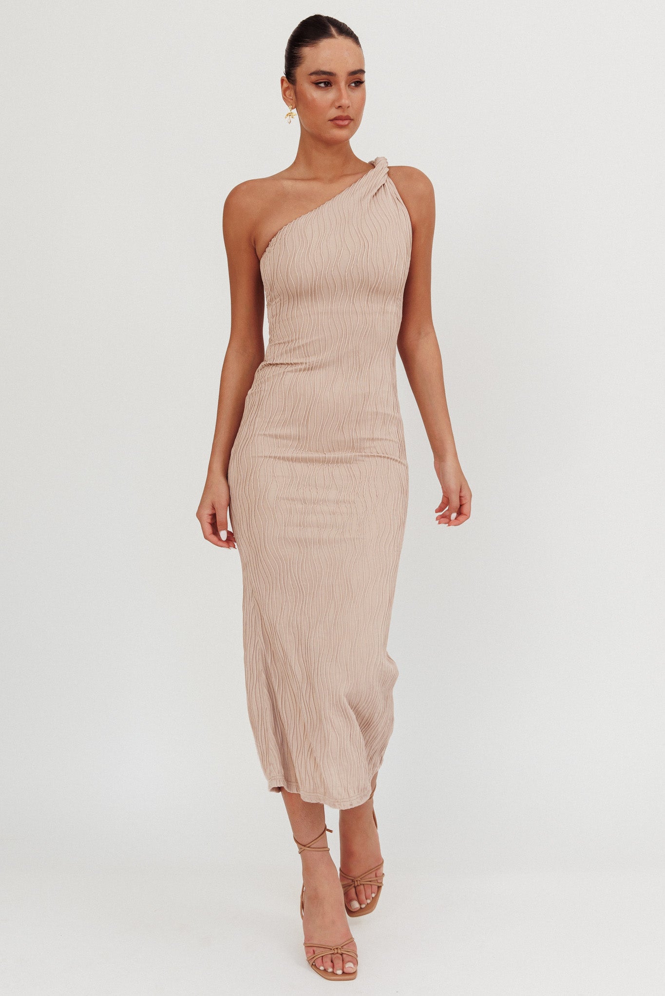 Lingering Love One-Shoulder Twist Midi Dress Beige by Selfie Leslie Australia