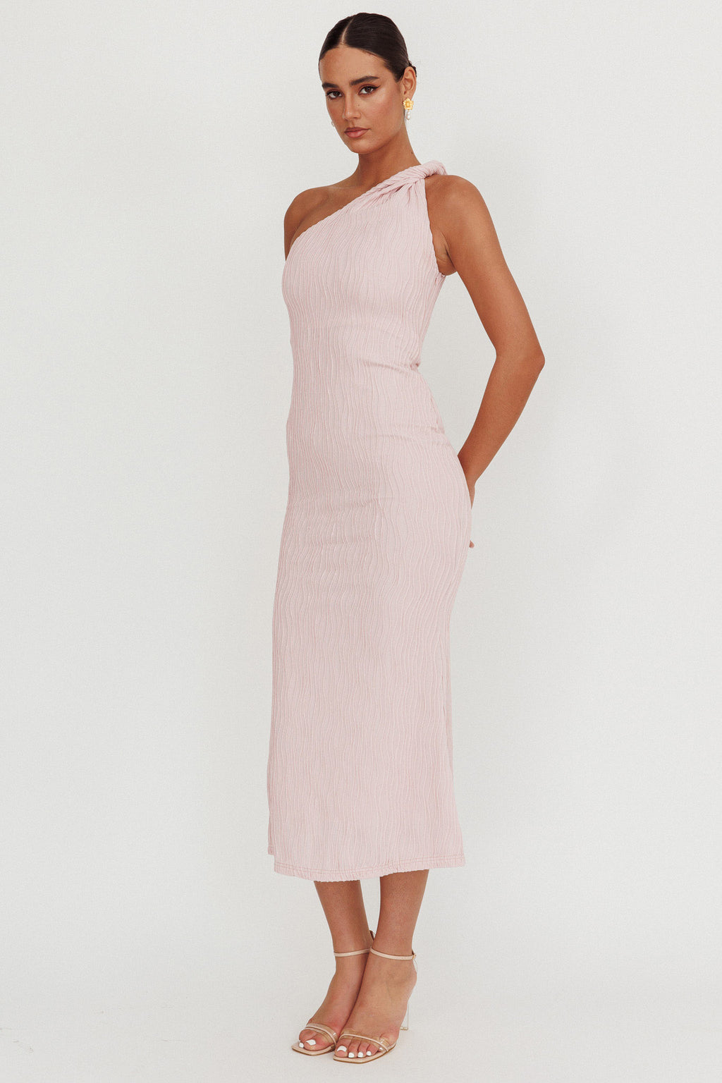 Lingering Love One-Shoulder Twist Midi Dress Blush by Selfie Leslie Australia