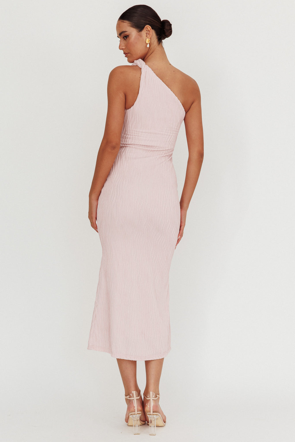 Lingering Love One-Shoulder Twist Midi Dress Blush by Selfie Leslie Australia