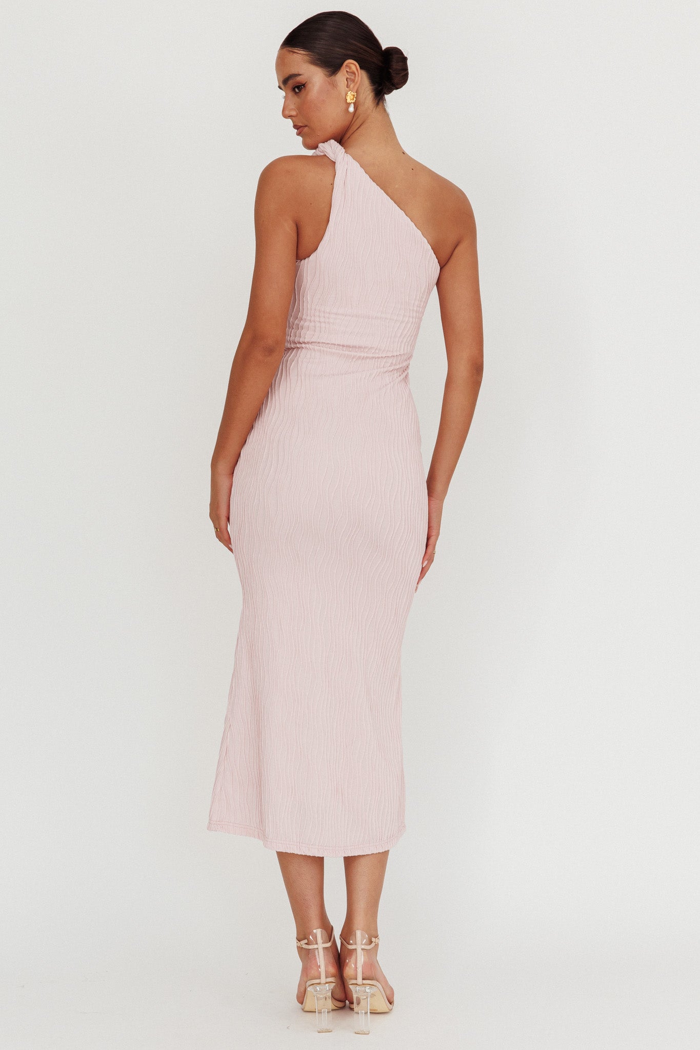 Lingering Love One-Shoulder Twist Midi Dress Blush by Selfie Leslie Australia
