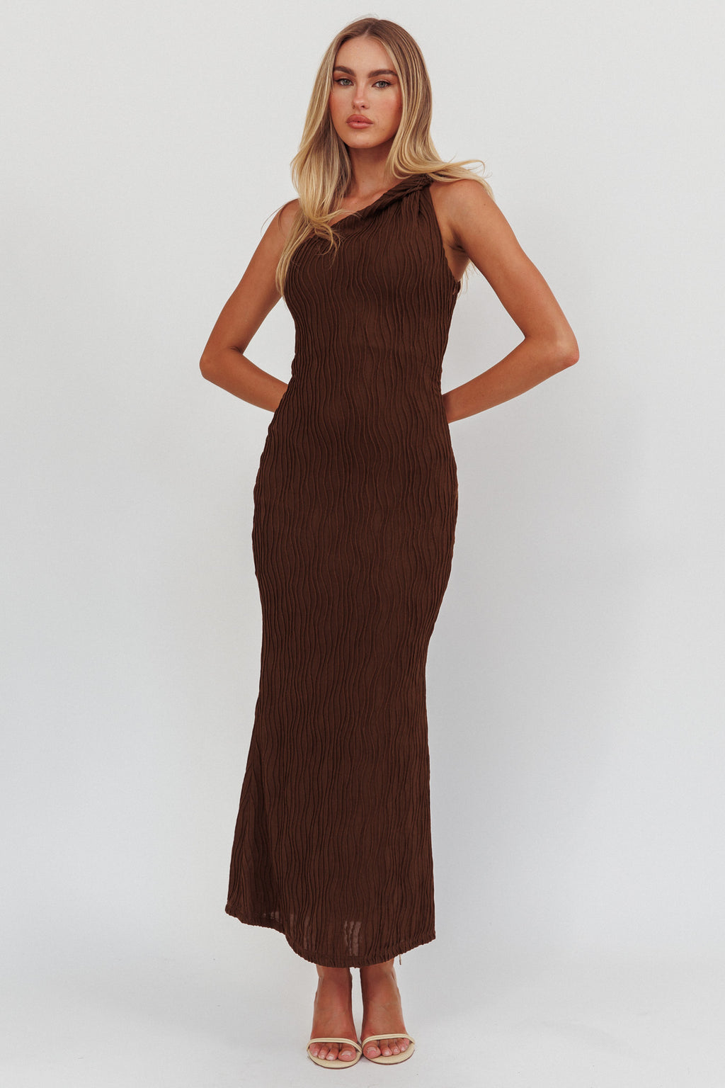 Lingering Love One-Shoulder Twist Maxi Dress Chocolate by Selfie Leslie Australia