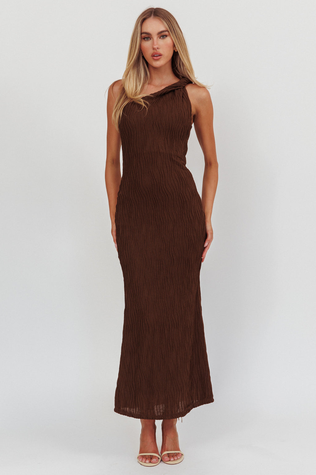 Lingering Love One-Shoulder Twist Maxi Dress Chocolate by Selfie Leslie Australia