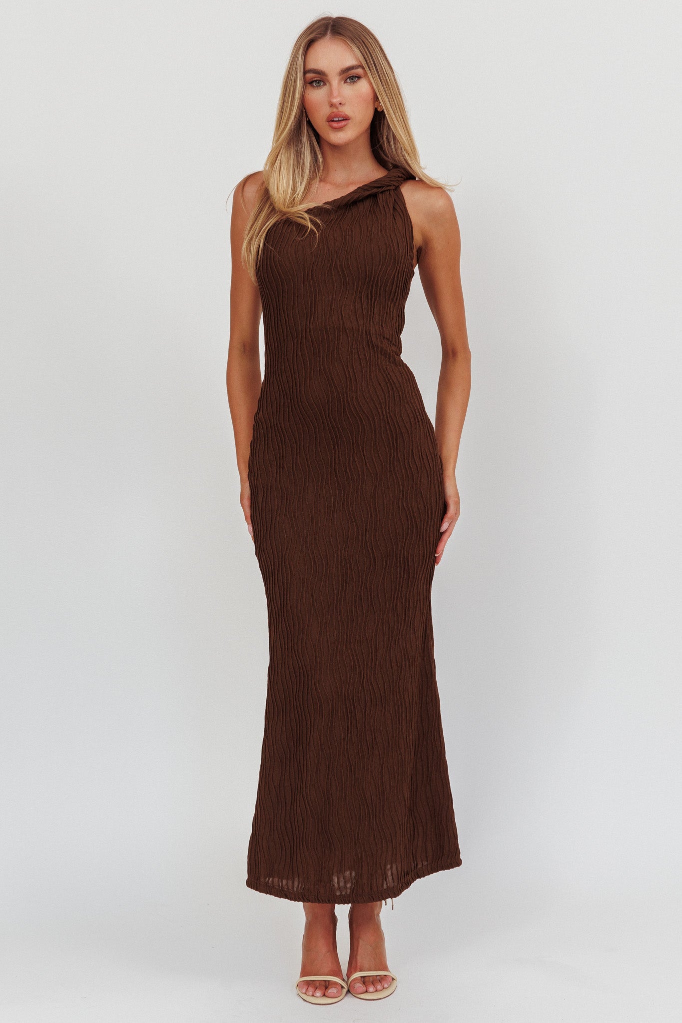 Lingering Love One-Shoulder Twist Maxi Dress Chocolate by Selfie Leslie Australia