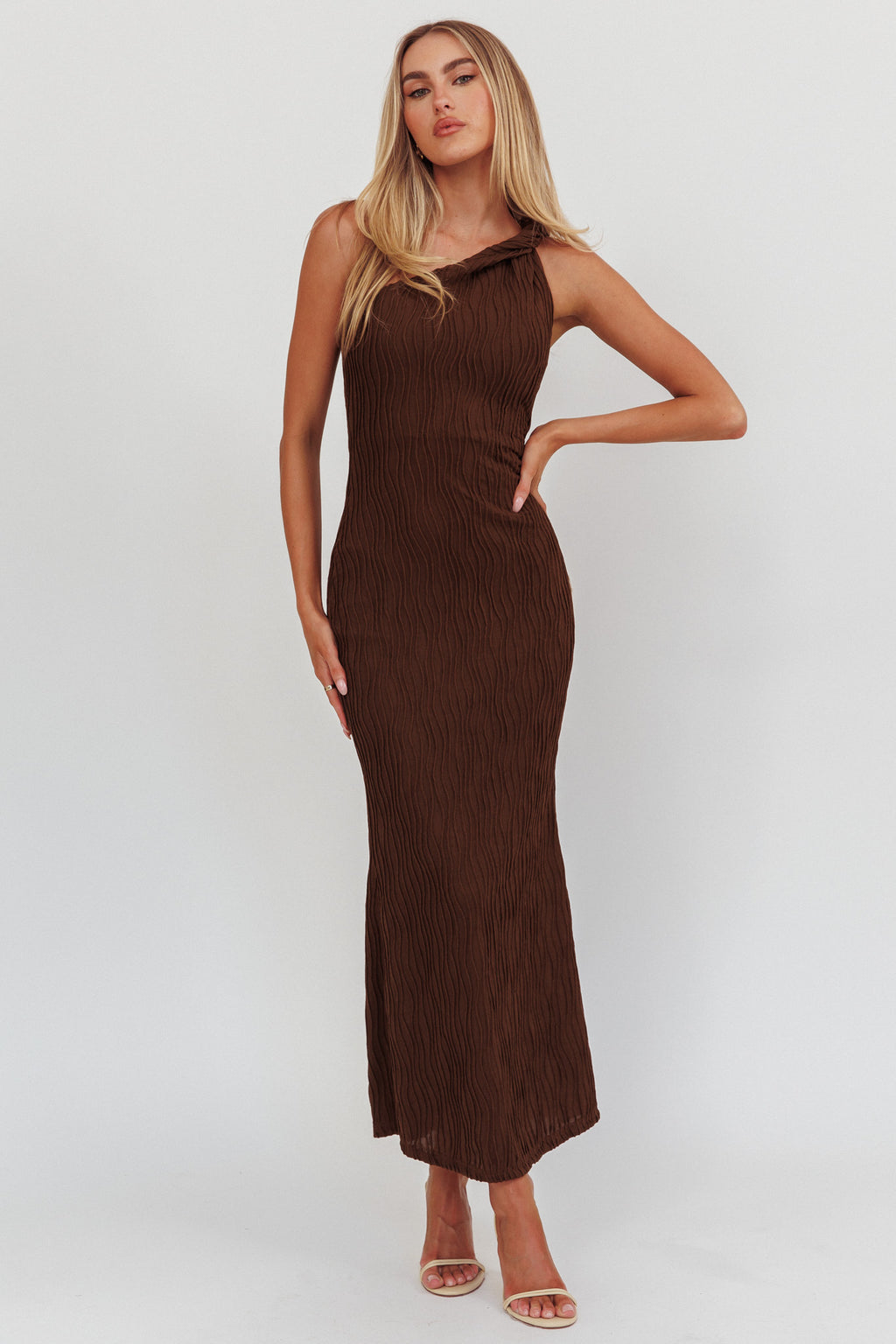 Lingering Love One-Shoulder Twist Maxi Dress Chocolate by Selfie Leslie Australia