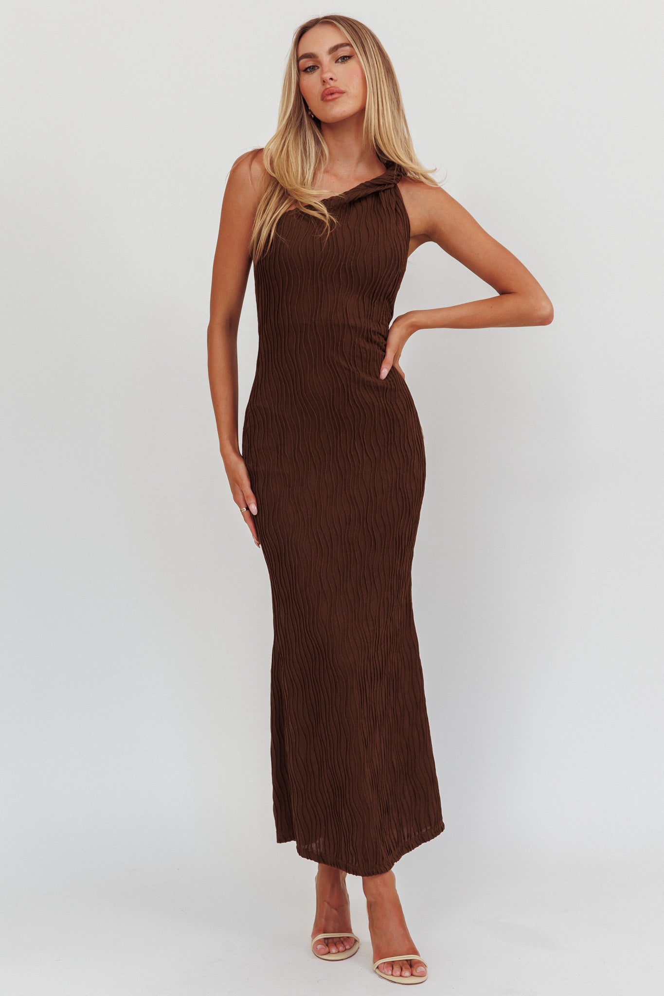 Lingering Love One-Shoulder Twist Maxi Dress Chocolate by Selfie Leslie Australia
