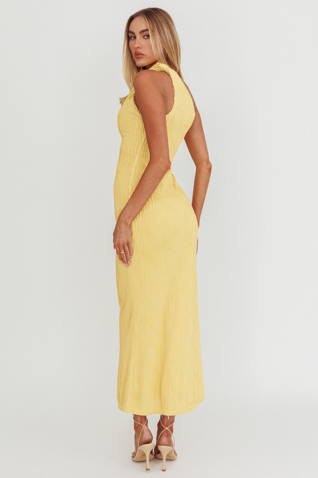 Lingering Love One-Shoulder Twist Midi Dress Lemon by Selfie Leslie Australia