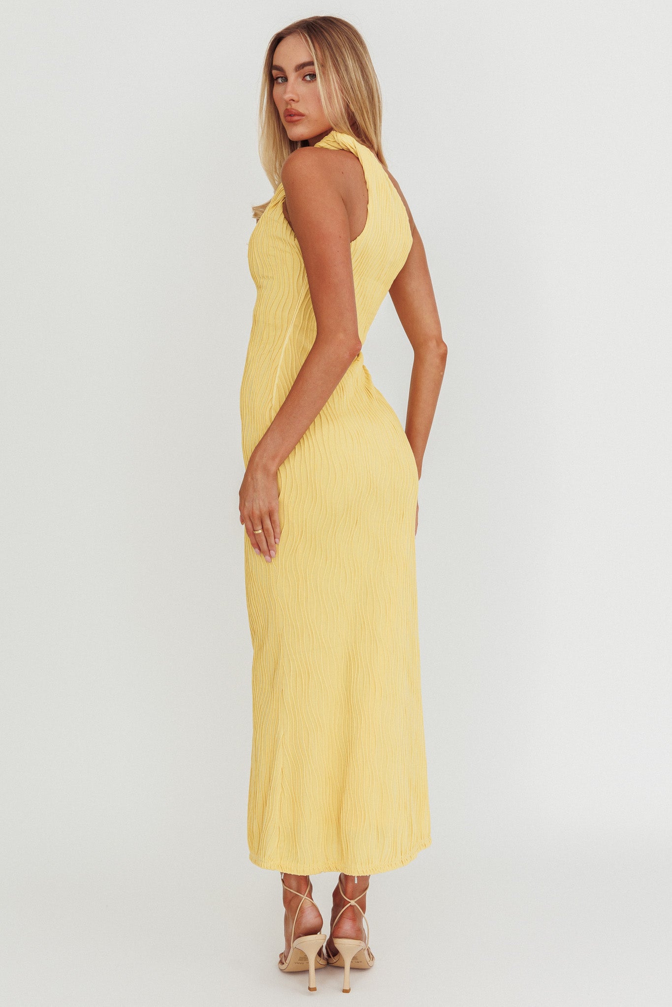 Lingering Love One-Shoulder Twist Midi Dress Lemon by Selfie Leslie Australia