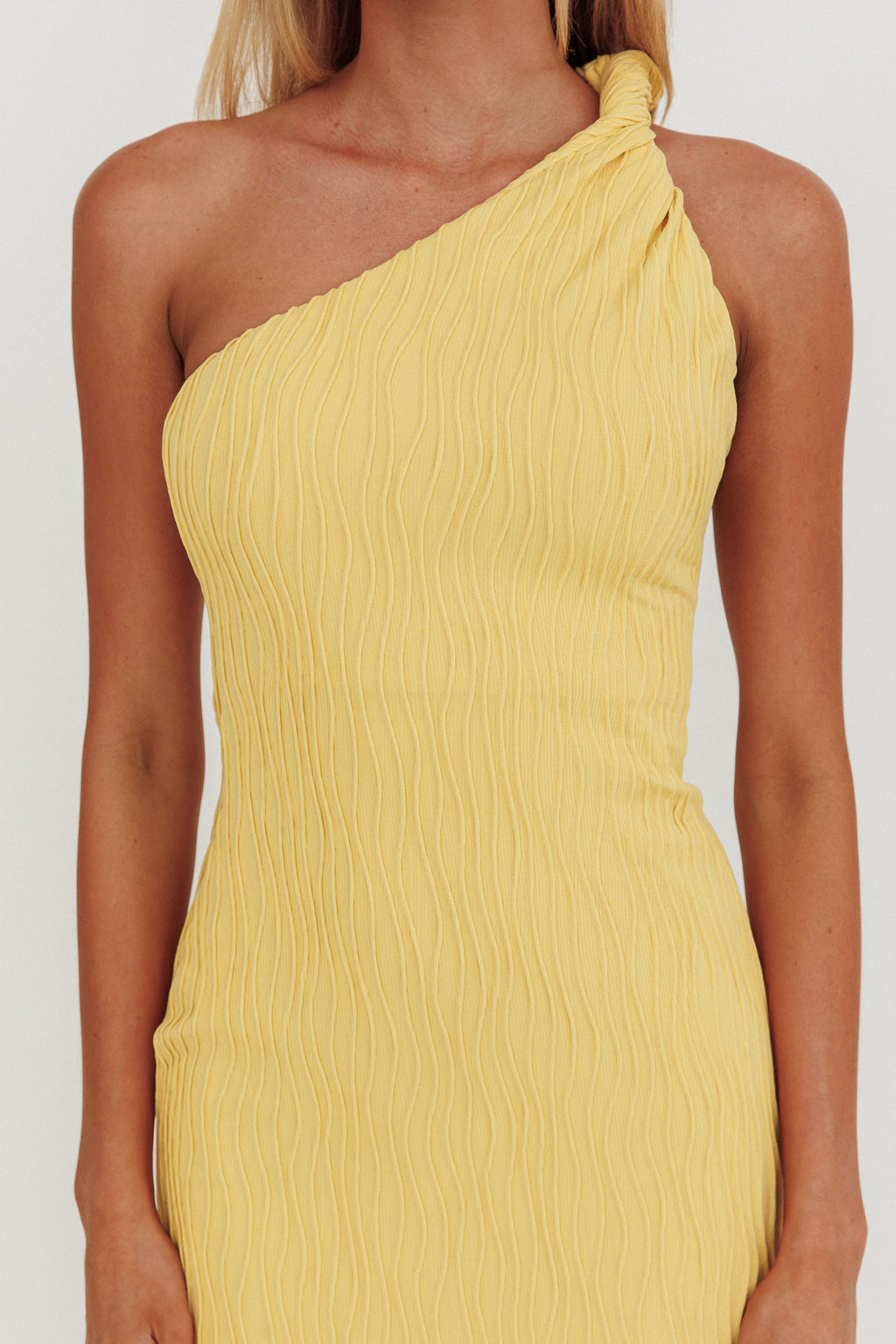 Lingering Love One-Shoulder Twist Midi Dress Lemon by Selfie Leslie Australia