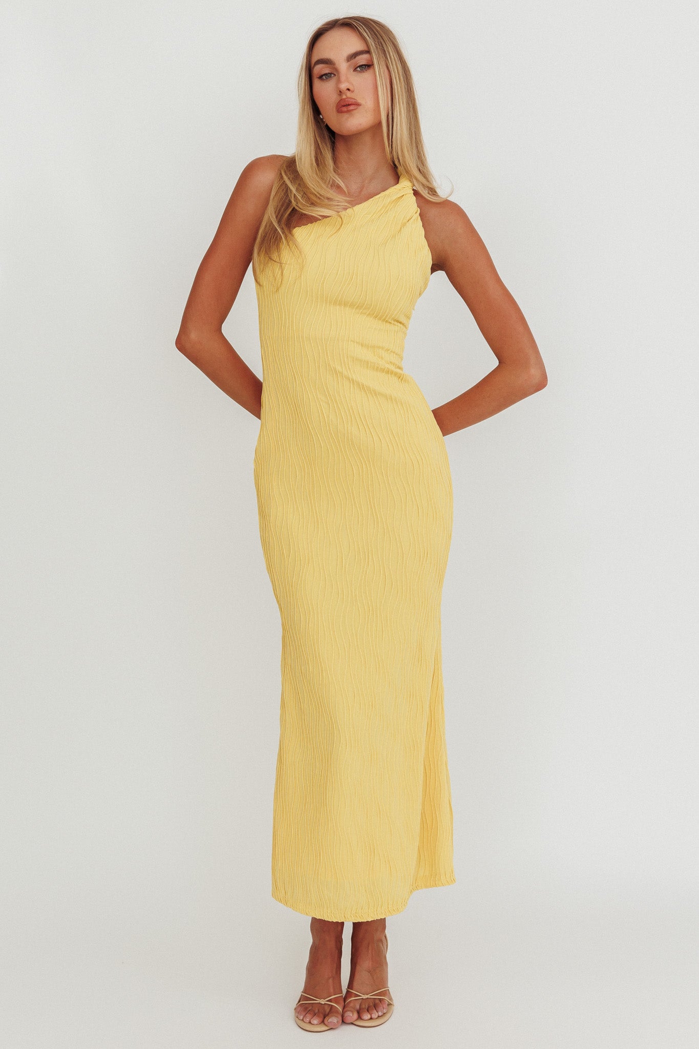 Lingering Love One-Shoulder Twist Midi Dress Lemon by Selfie Leslie Australia