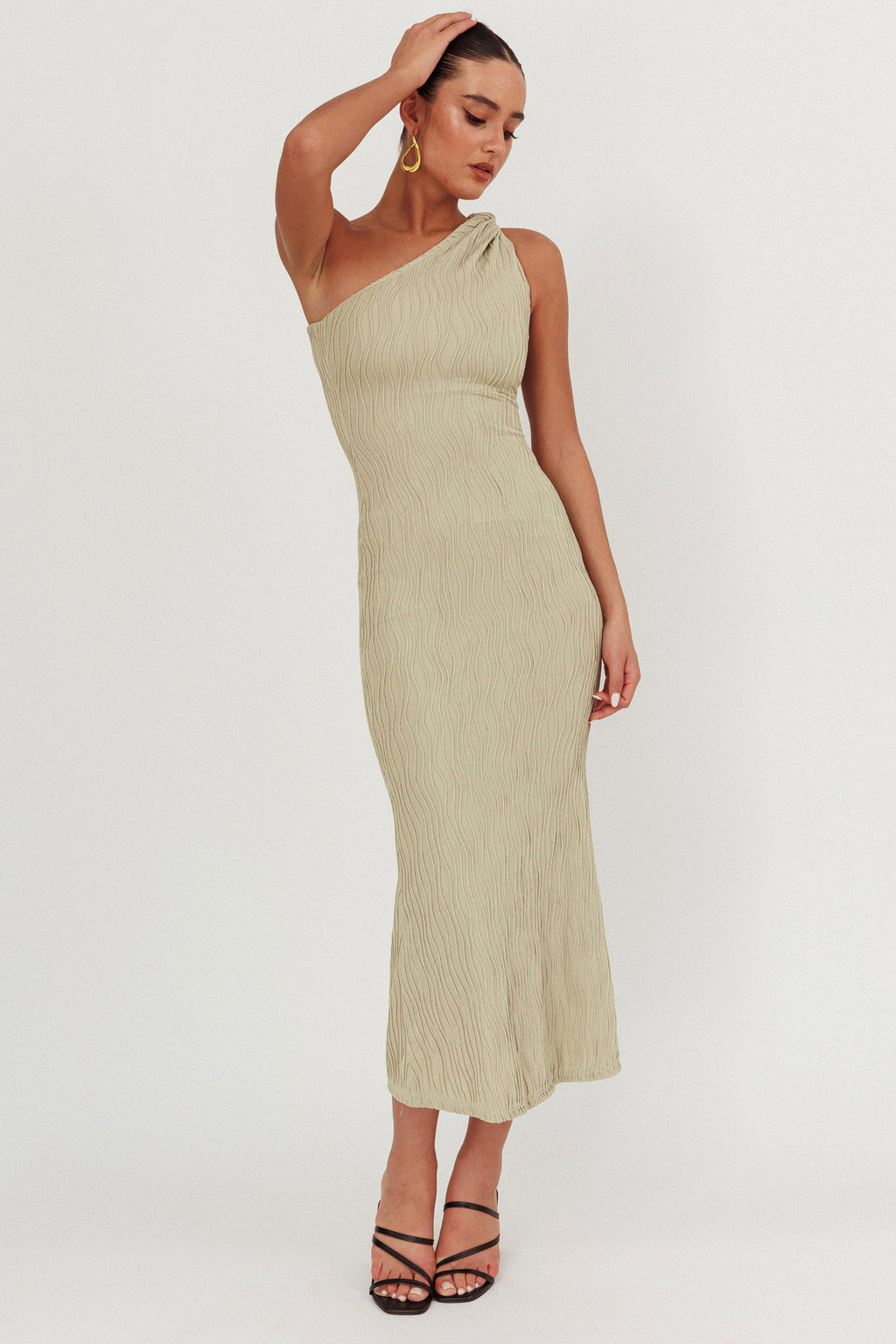 Lingering Love One-Shoulder Twist Midi Dress Sage by Selfie Leslie Australia