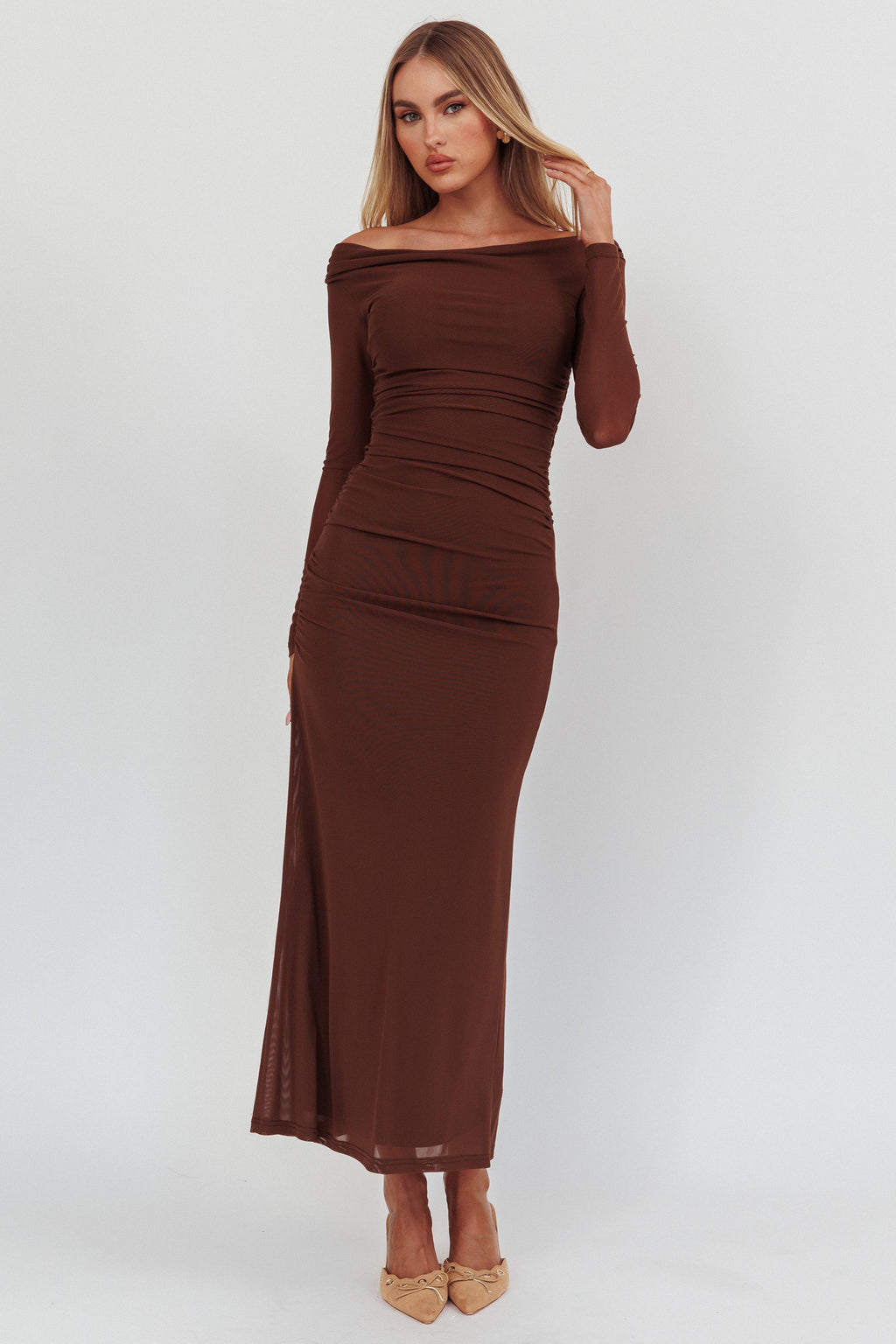 In Blooms Off Shoulder Mesh Maxi Dress Chocolate by Selfie Leslie Australia