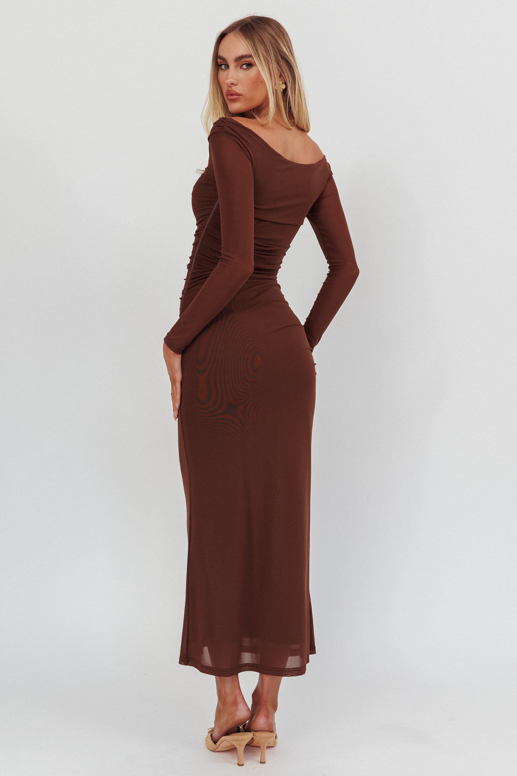 In Blooms Off Shoulder Mesh Maxi Dress Chocolate by Selfie Leslie Australia