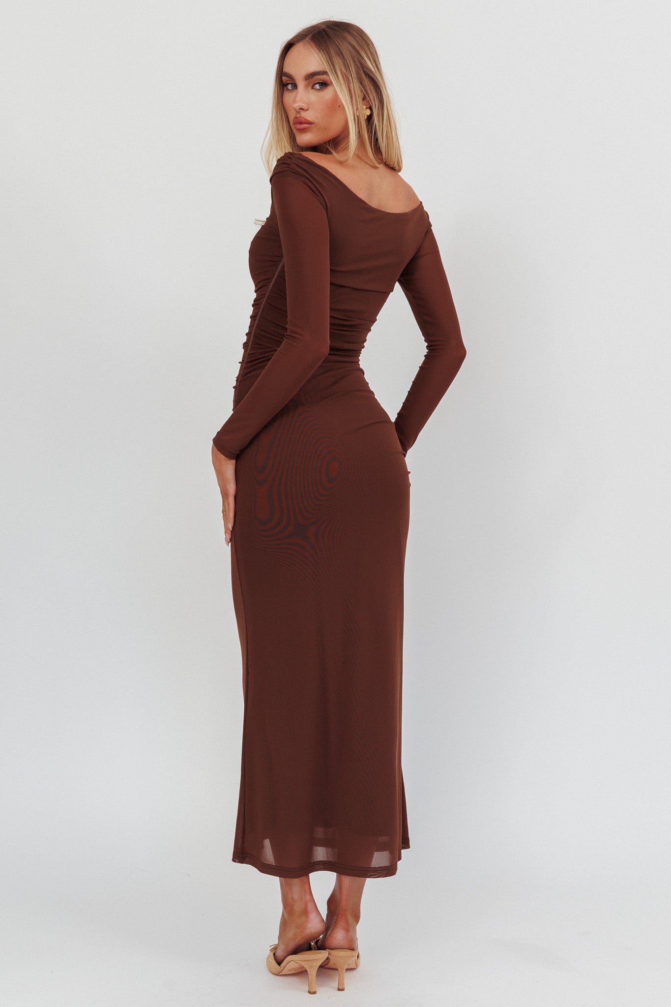 In Blooms Off Shoulder Mesh Maxi Dress Chocolate by Selfie Leslie Australia