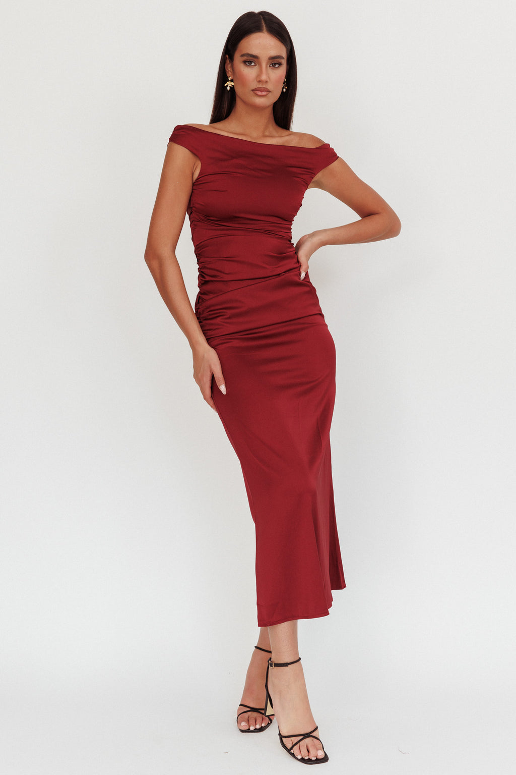 In Blooms Off Shoulder Satin Maxi Dress Wine by Selfie Leslie Australia