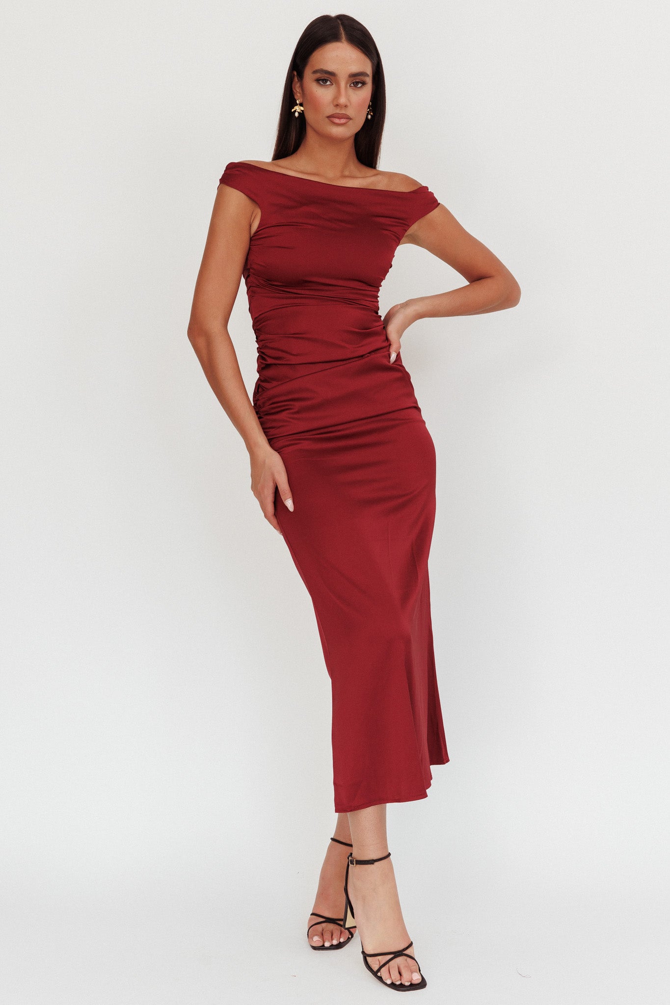 Shop the In Blooms Off Shoulder Satin Maxi Dress Wine