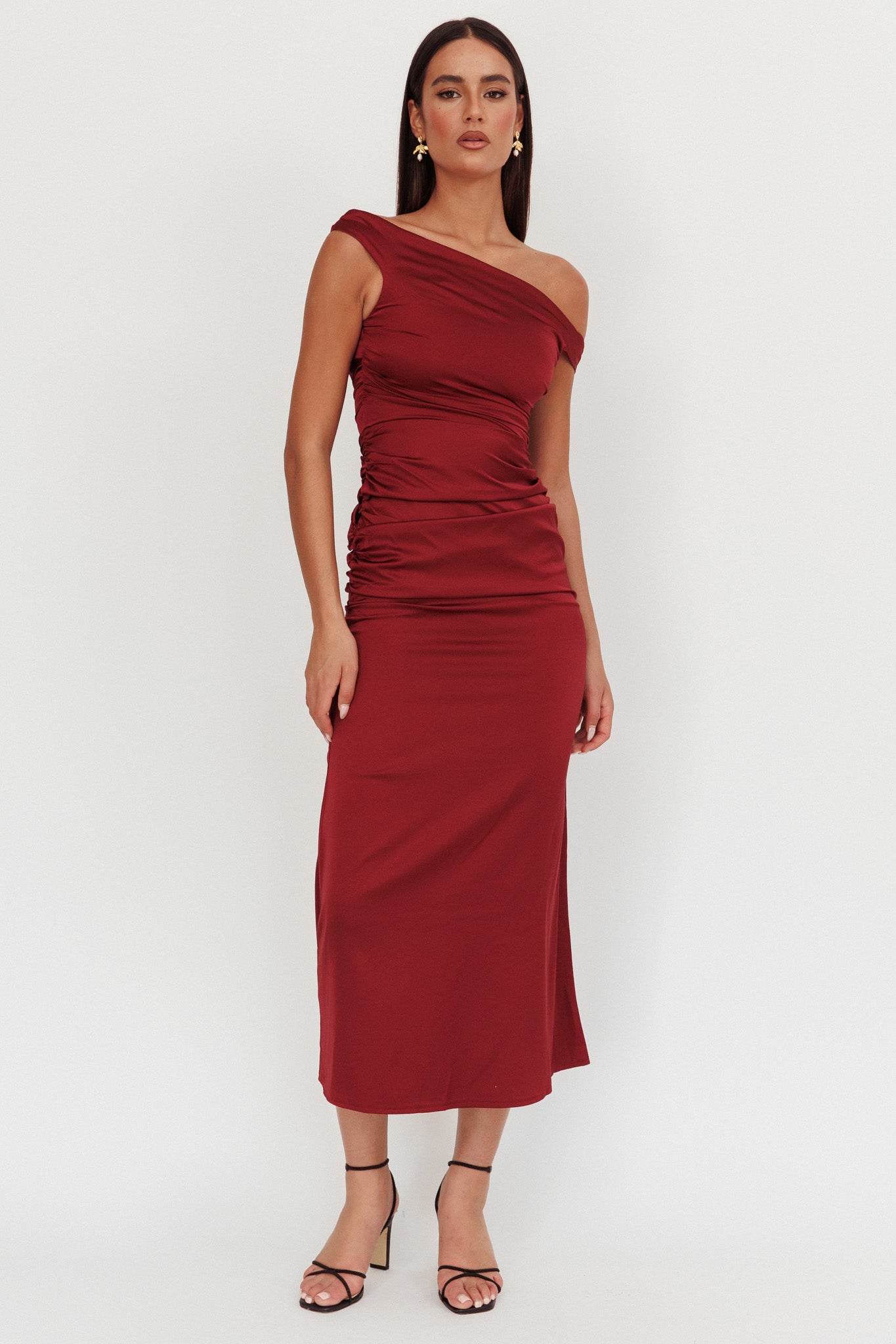 In Blooms Off Shoulder Satin Maxi Dress Wine by Selfie Leslie Australia