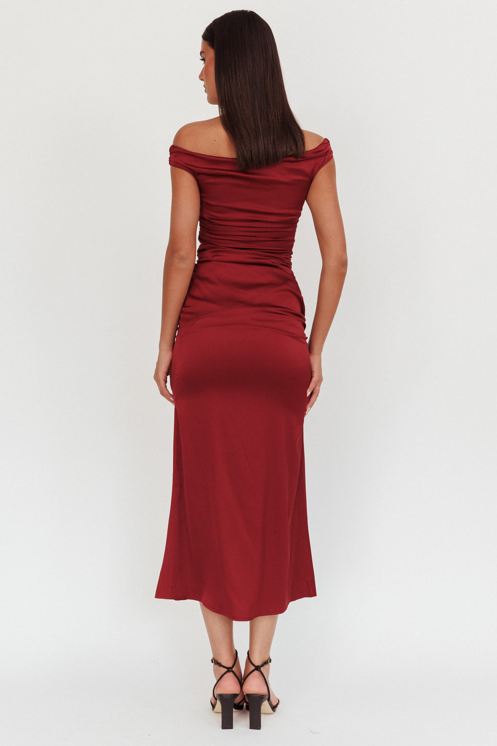 In Blooms Off Shoulder Satin Maxi Dress Wine by Selfie Leslie Australia