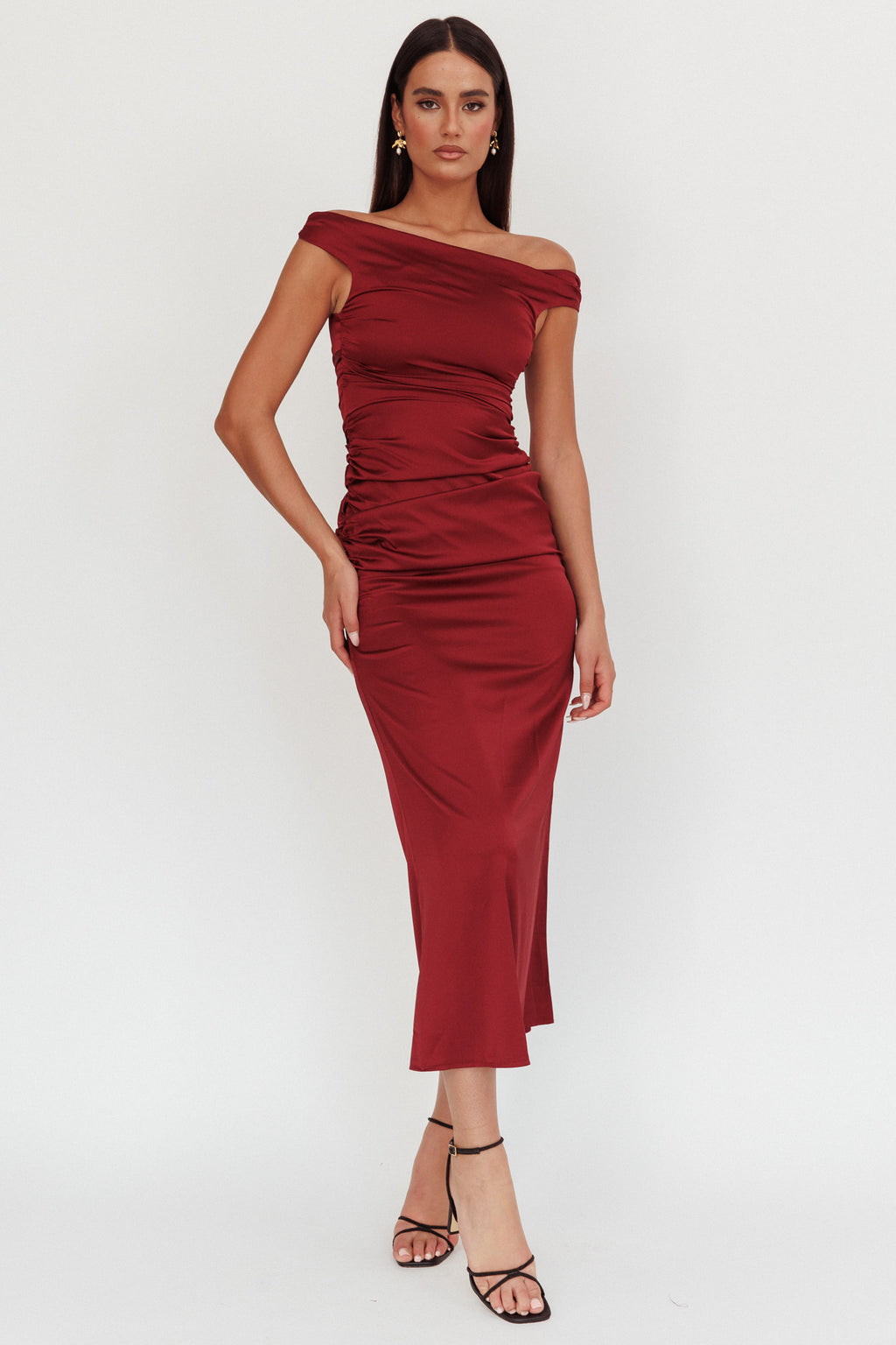 In Blooms Off Shoulder Satin Maxi Dress Wine by Selfie Leslie Australia