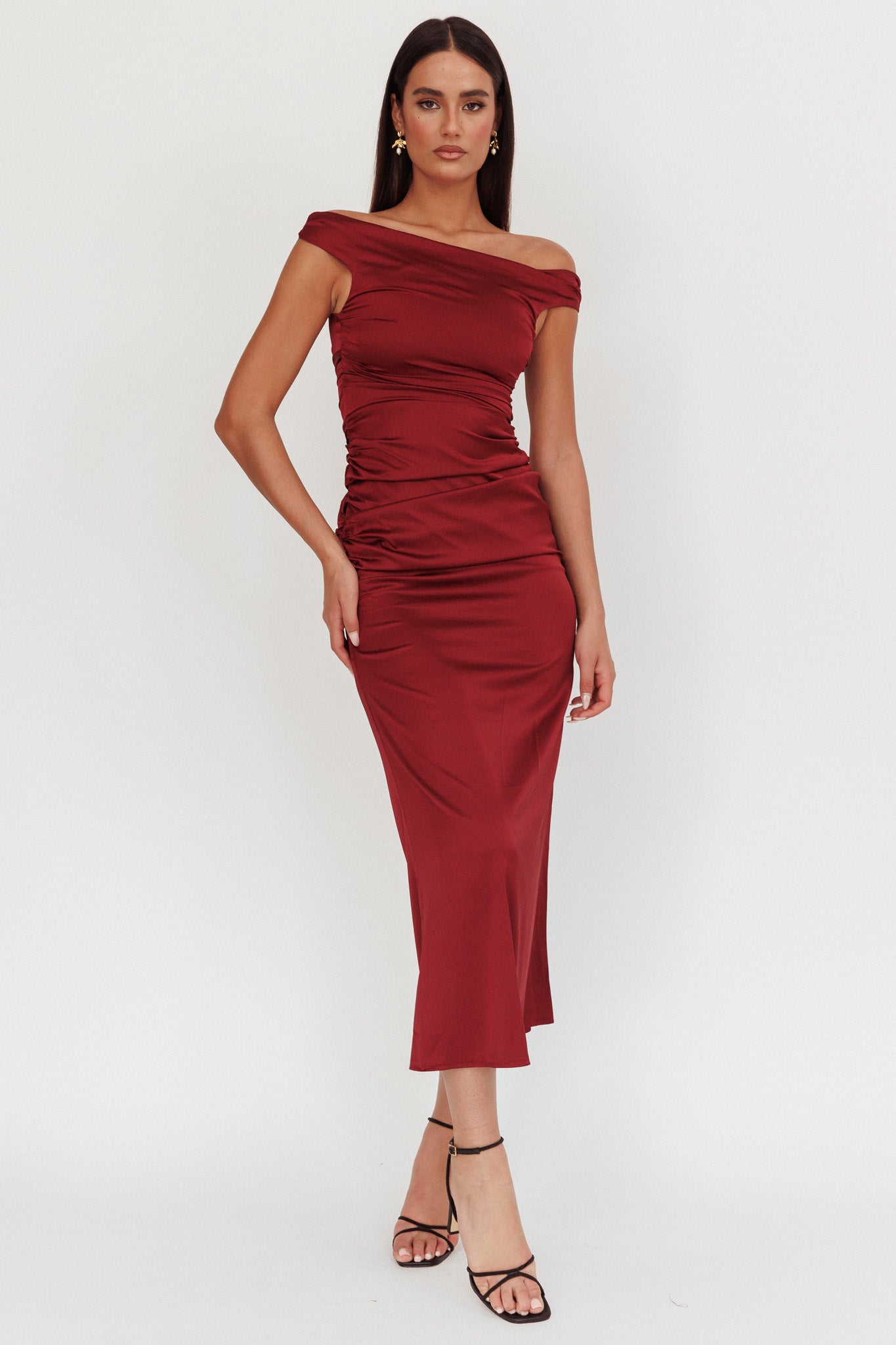 In Blooms Off Shoulder Satin Maxi Dress Wine by Selfie Leslie Australia