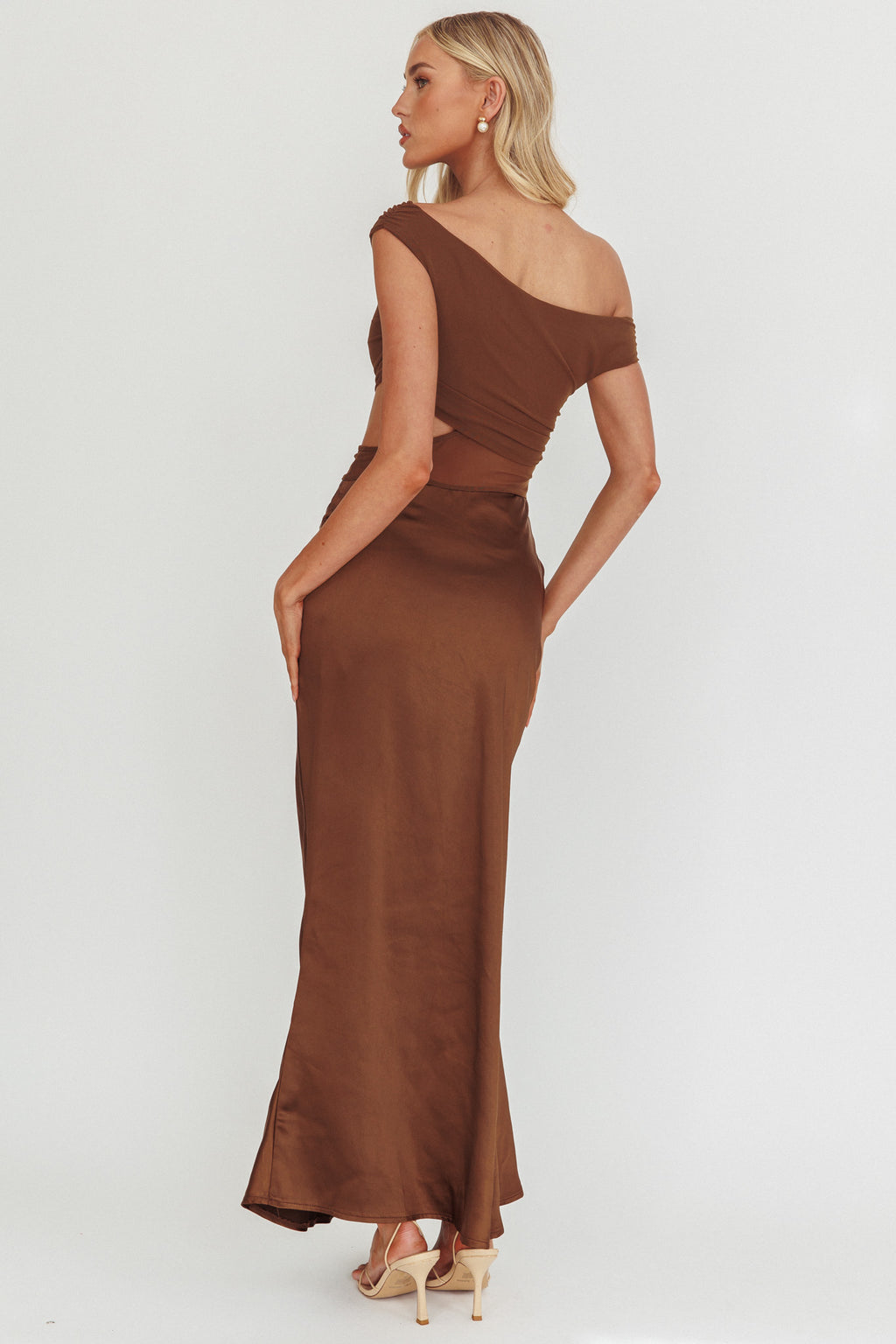 In Blooms Mesh Bodice Maxi Dress Chocolate by Selfie Leslie Australia