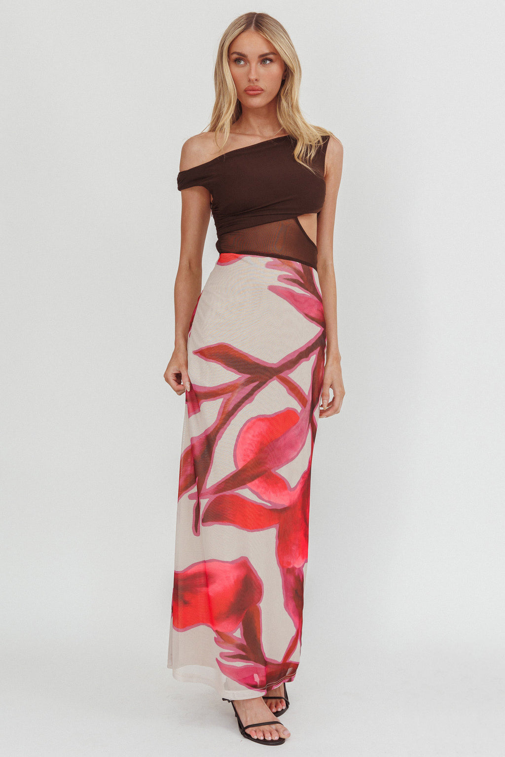 In Blooms Mesh Bodice Maxi Dress Print Chocolate by Selfie Leslie Australia