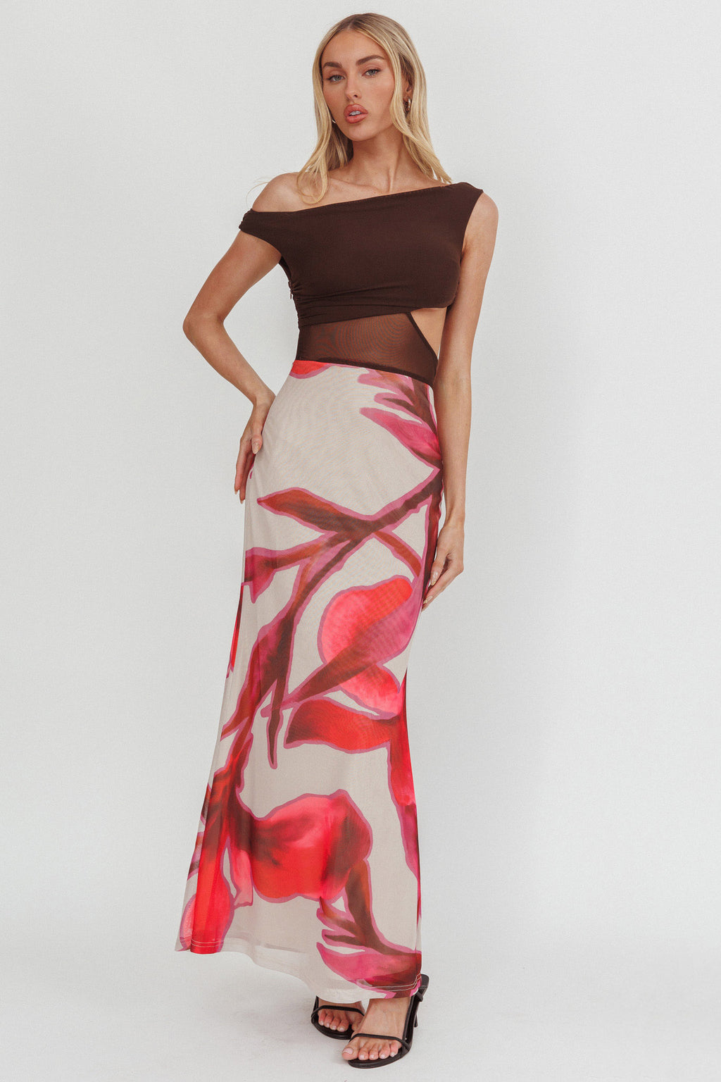 In Blooms Mesh Bodice Maxi Dress Print Chocolate by Selfie Leslie Australia