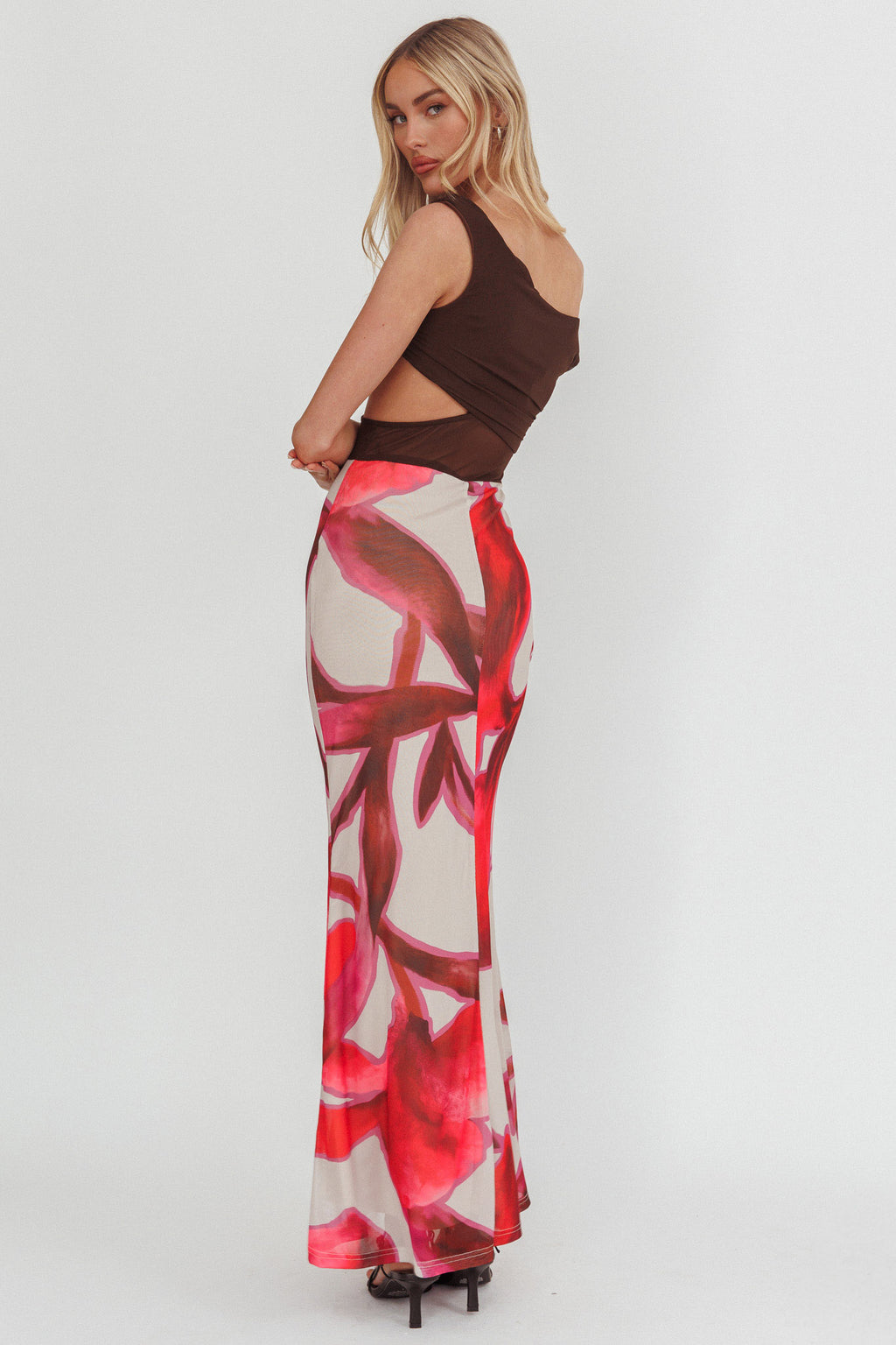 In Blooms Mesh Bodice Maxi Dress Print Chocolate by Selfie Leslie Australia