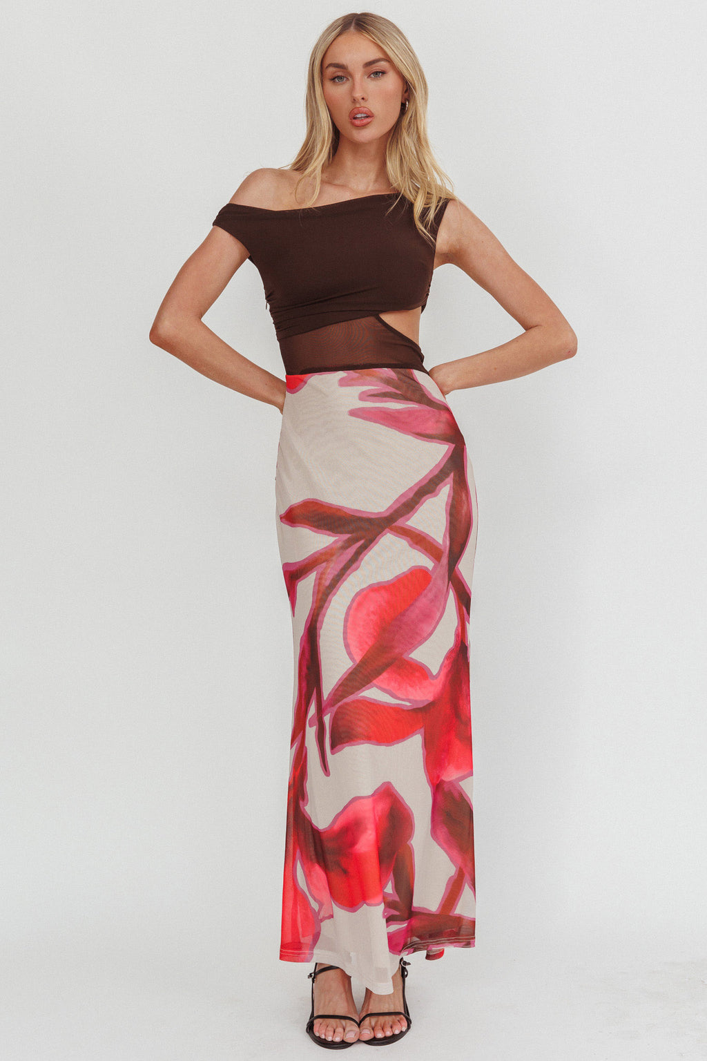 In Blooms Mesh Bodice Maxi Dress Print Chocolate by Selfie Leslie Australia