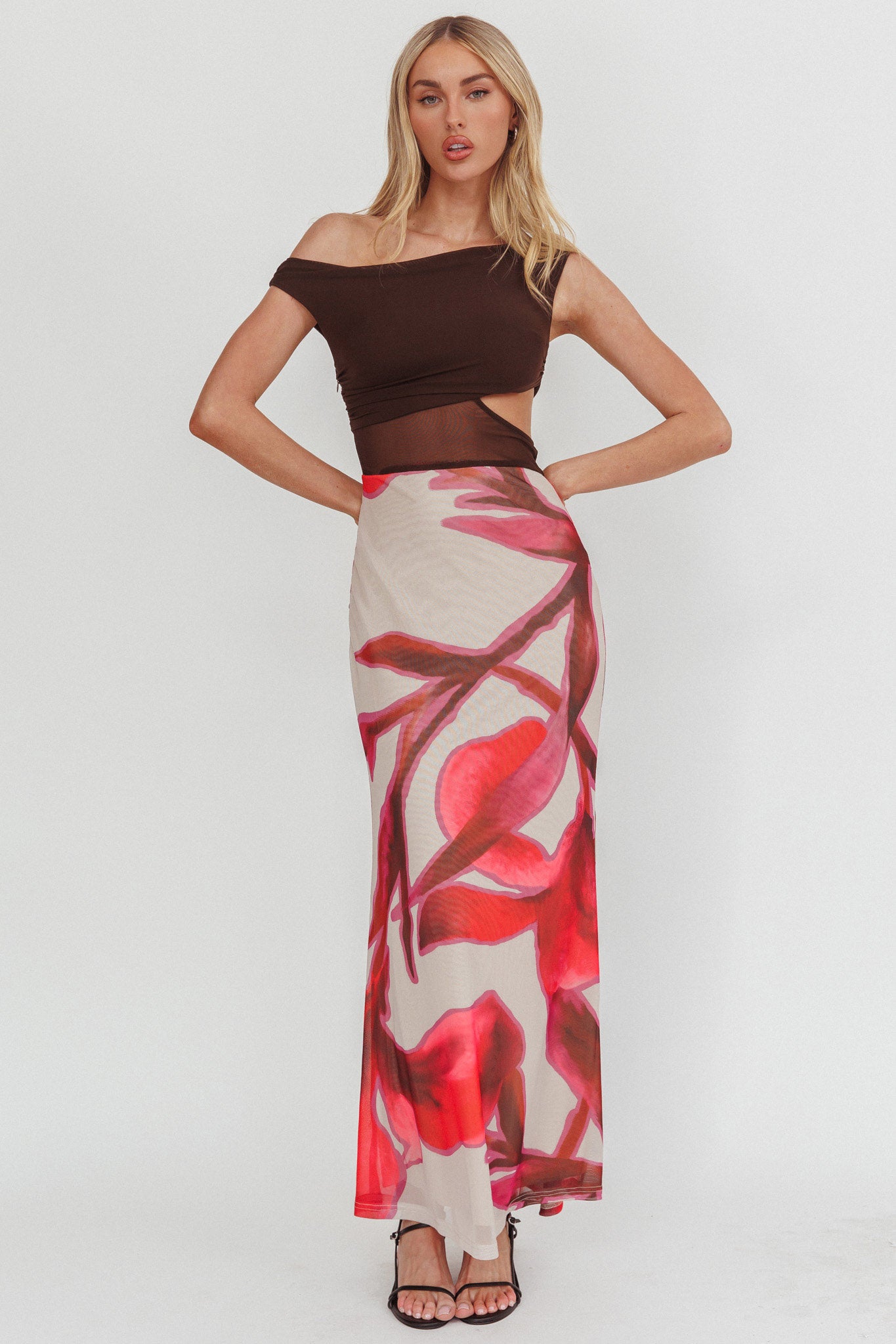 In Blooms Mesh Bodice Maxi Dress Print Chocolate by Selfie Leslie Australia
