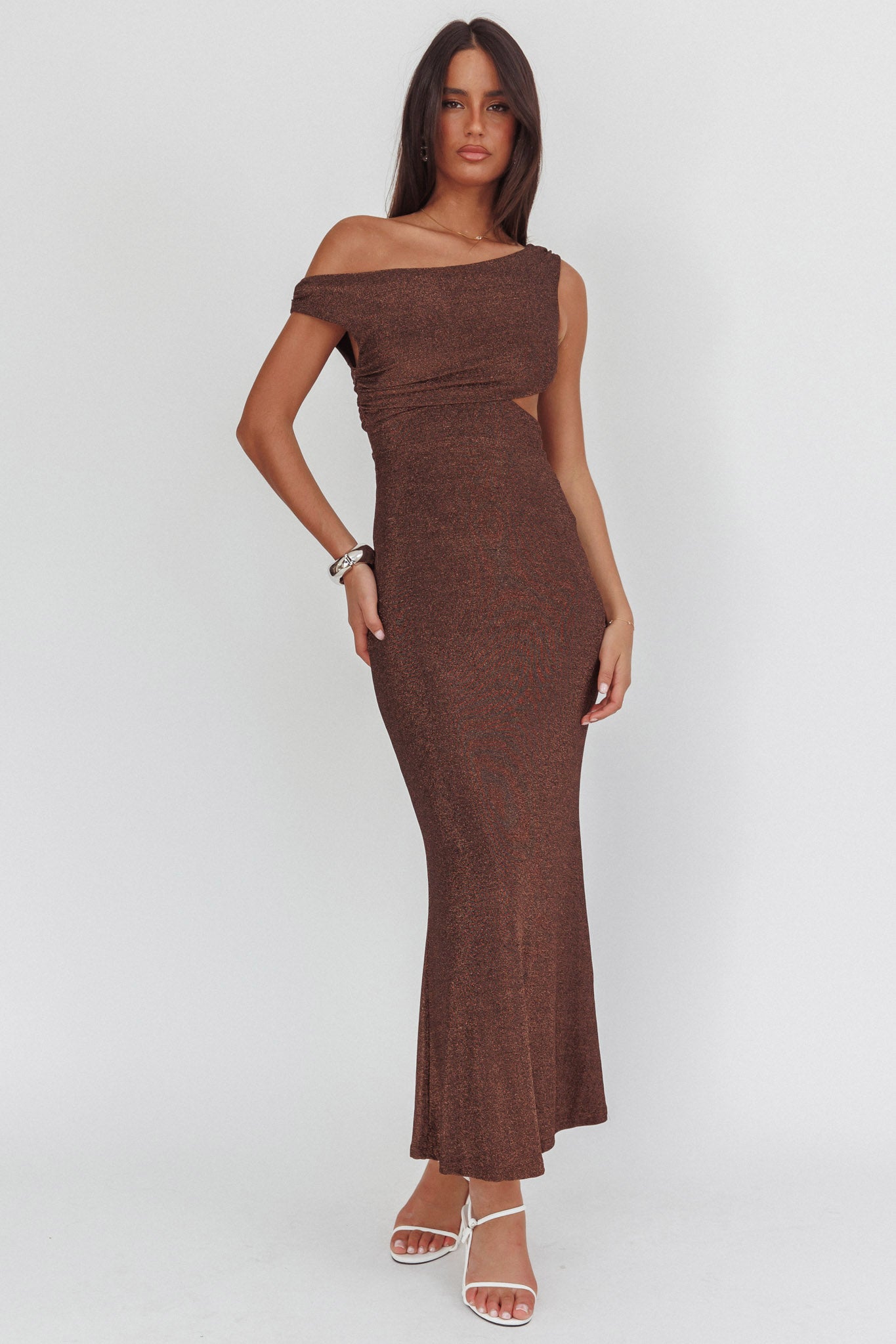 In Blooms Asymmetric Neckline Maxi Dress Shimmer Chocolate by Selfie Leslie Australia