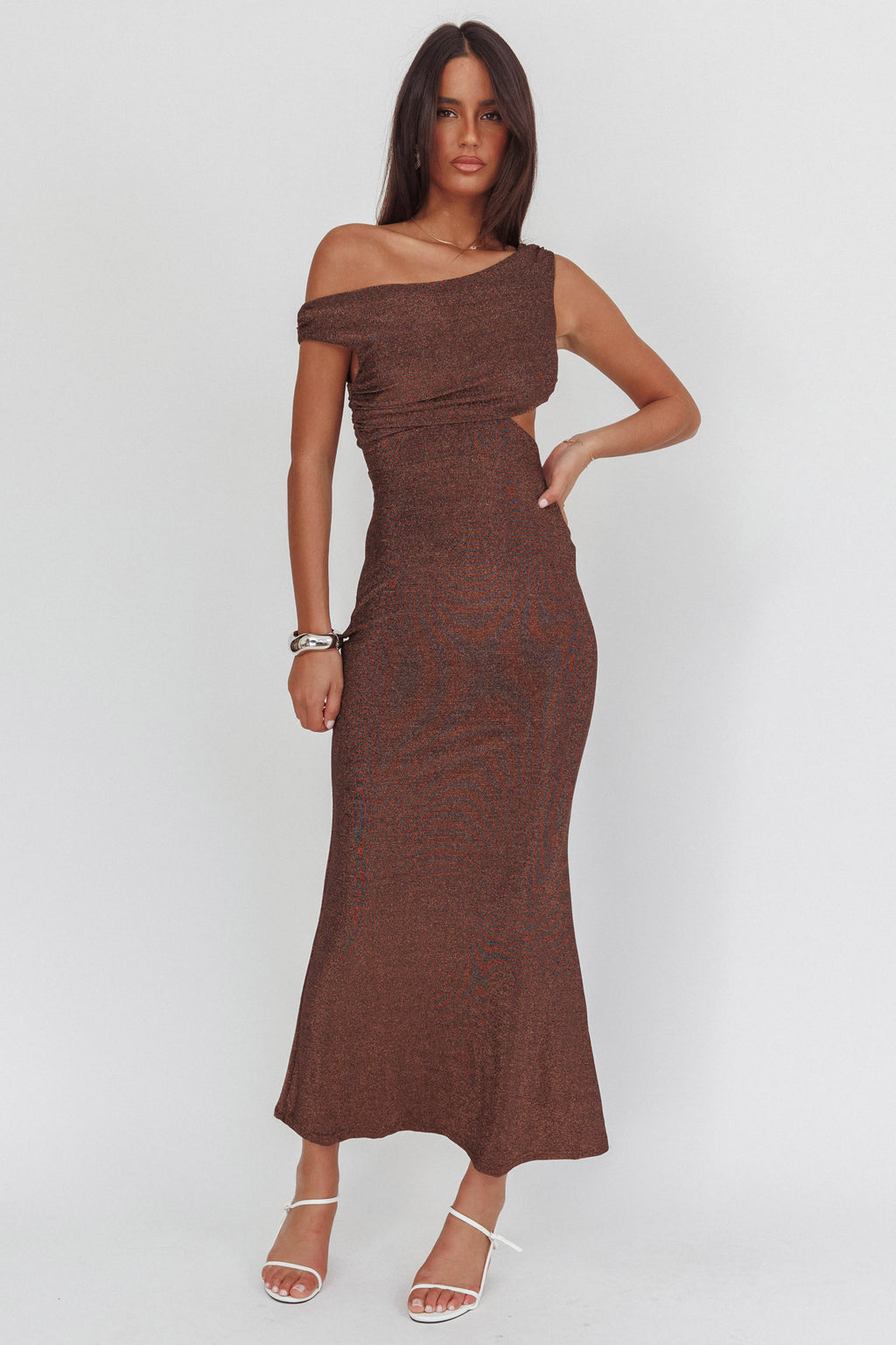 In Blooms Asymmetric Neckline Maxi Dress Shimmer Chocolate by Selfie Leslie Australia