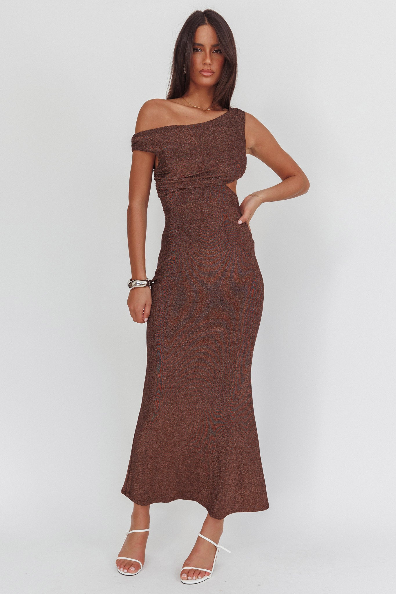 In Blooms Asymmetric Neckline Maxi Dress Shimmer Chocolate by Selfie Leslie Australia