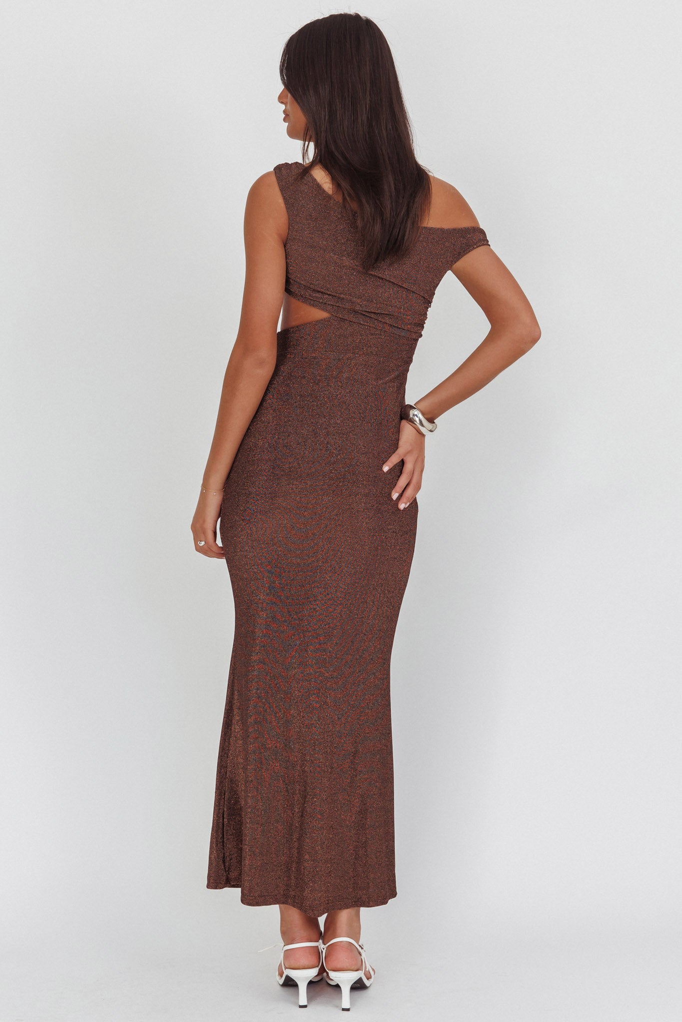 In Blooms Asymmetric Neckline Maxi Dress Shimmer Chocolate by Selfie Leslie Australia