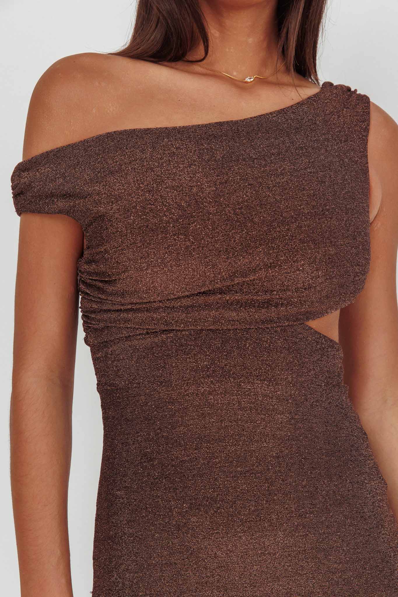 In Blooms Asymmetric Neckline Maxi Dress Shimmer Chocolate by Selfie Leslie Australia