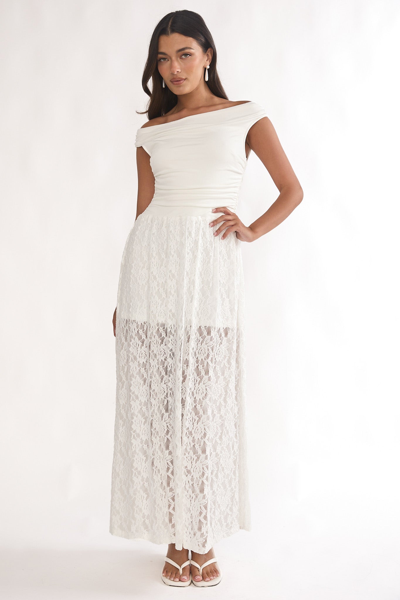 In Blooms Off-Shoulder Lace Maxi Dress White by Selfie Leslie Australia