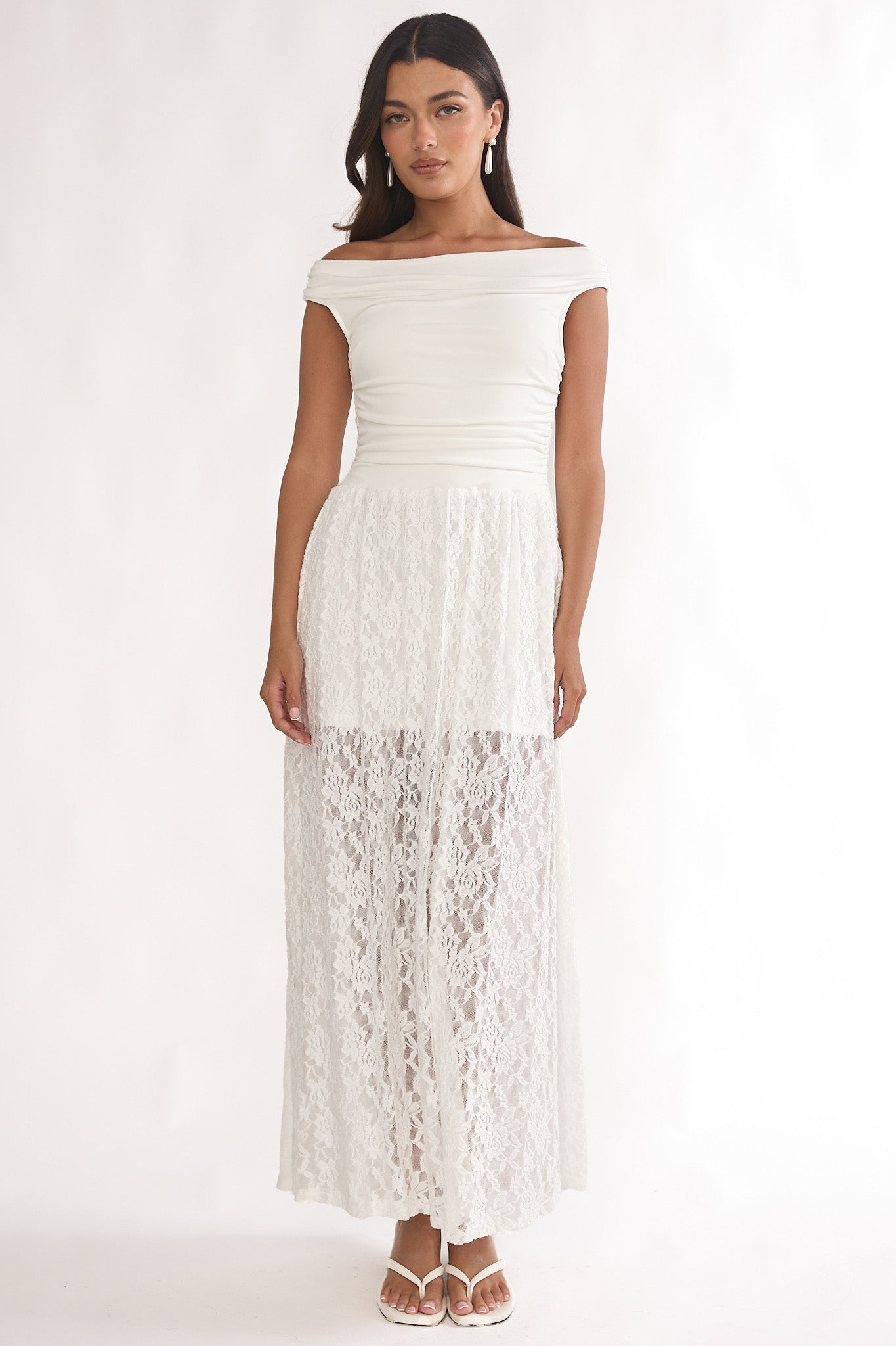 In Blooms Off-Shoulder Lace Maxi Dress White by Selfie Leslie Australia