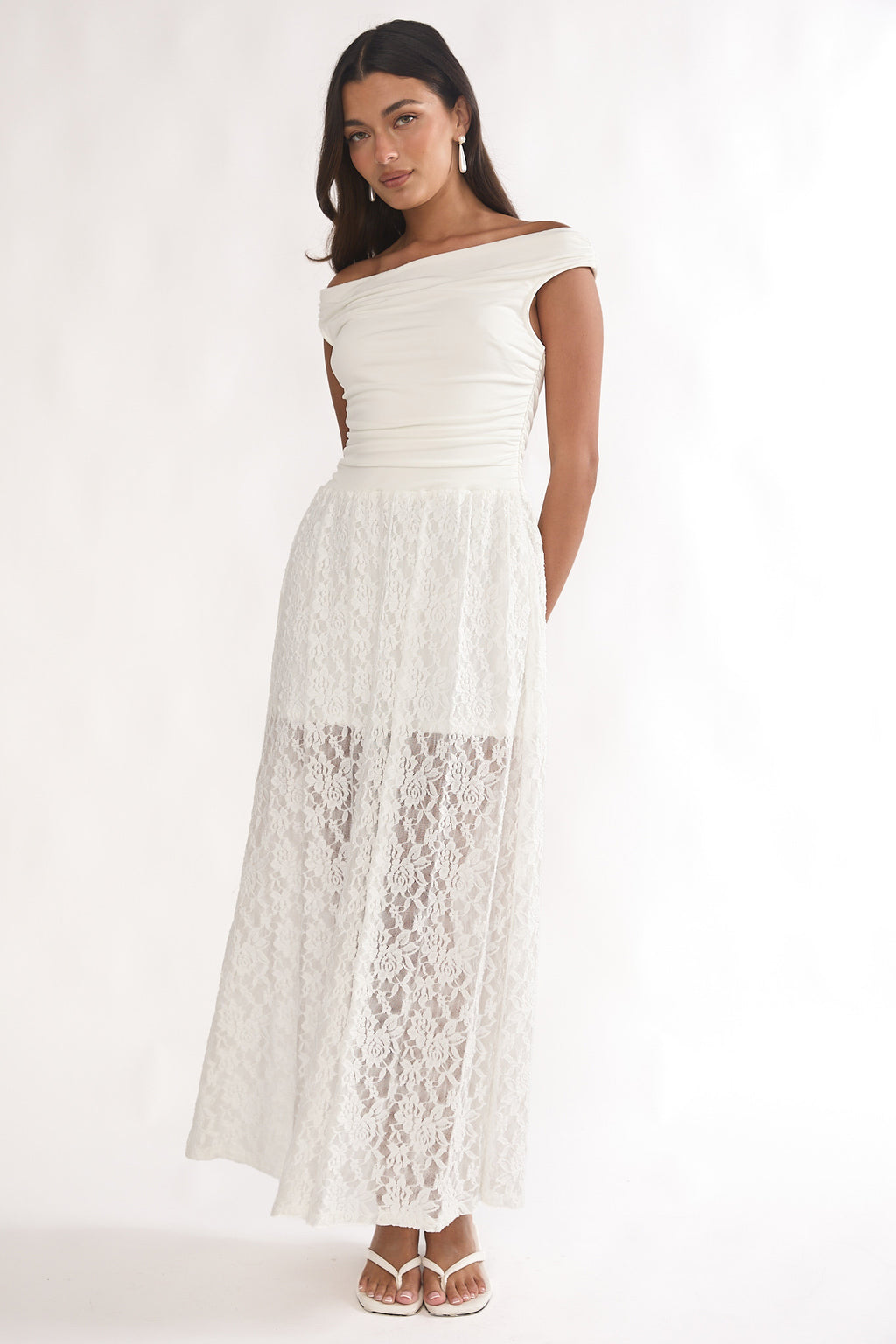 In Blooms Off-Shoulder Lace Maxi Dress White by Selfie Leslie Australia