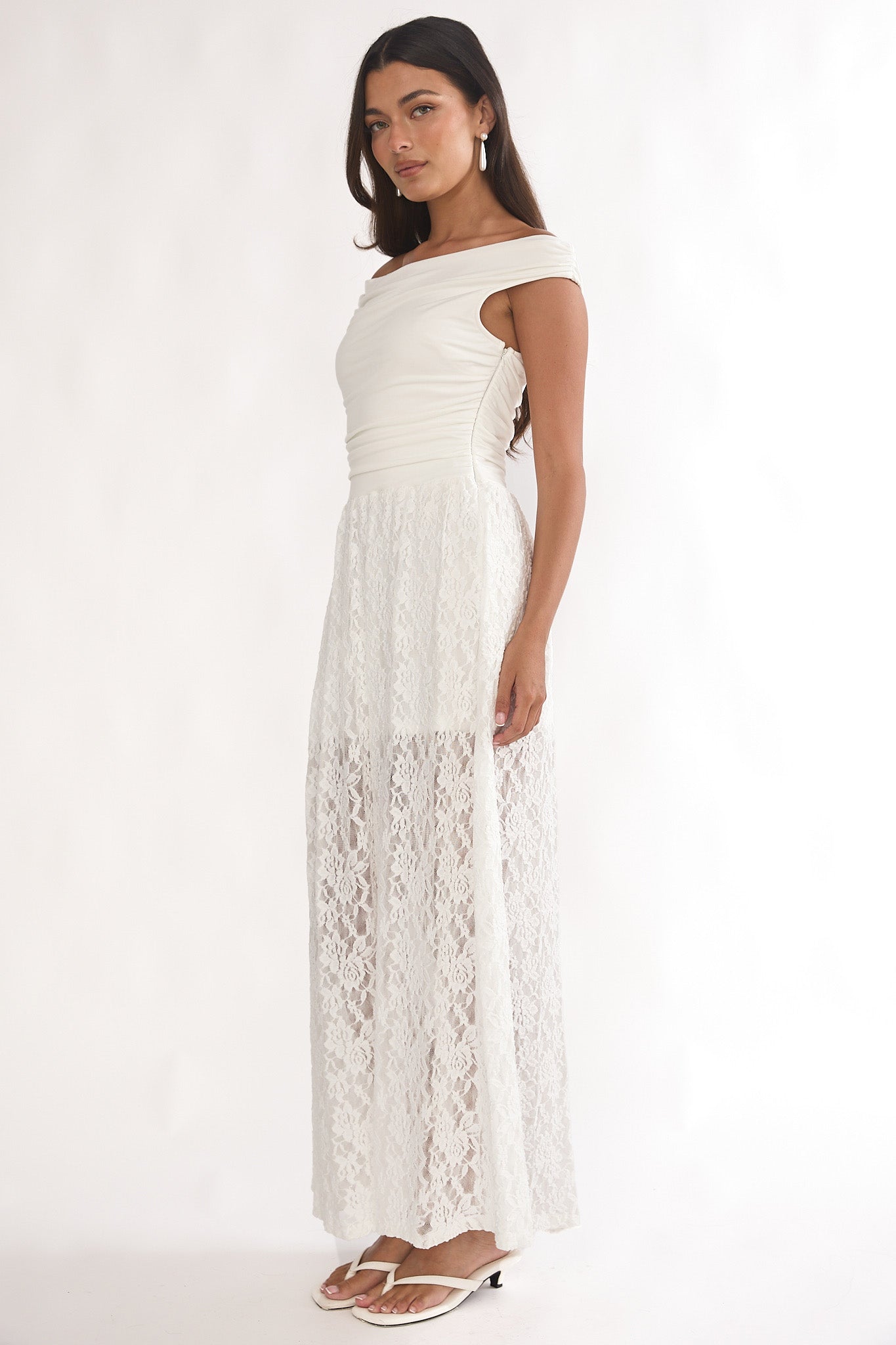 In Blooms Off-Shoulder Lace Maxi Dress White by Selfie Leslie Australia
