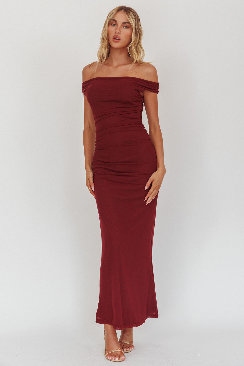 In Blooms Off Shoulder Mesh Midi Dress Wine by Selfie Leslie Australia
