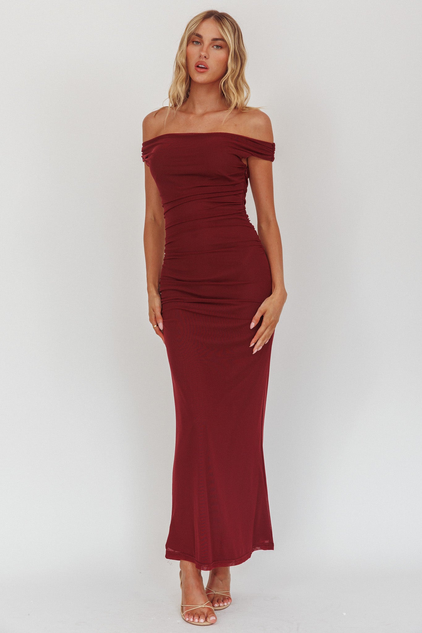 In Blooms Off Shoulder Mesh Midi Dress Wine by Selfie Leslie Australia