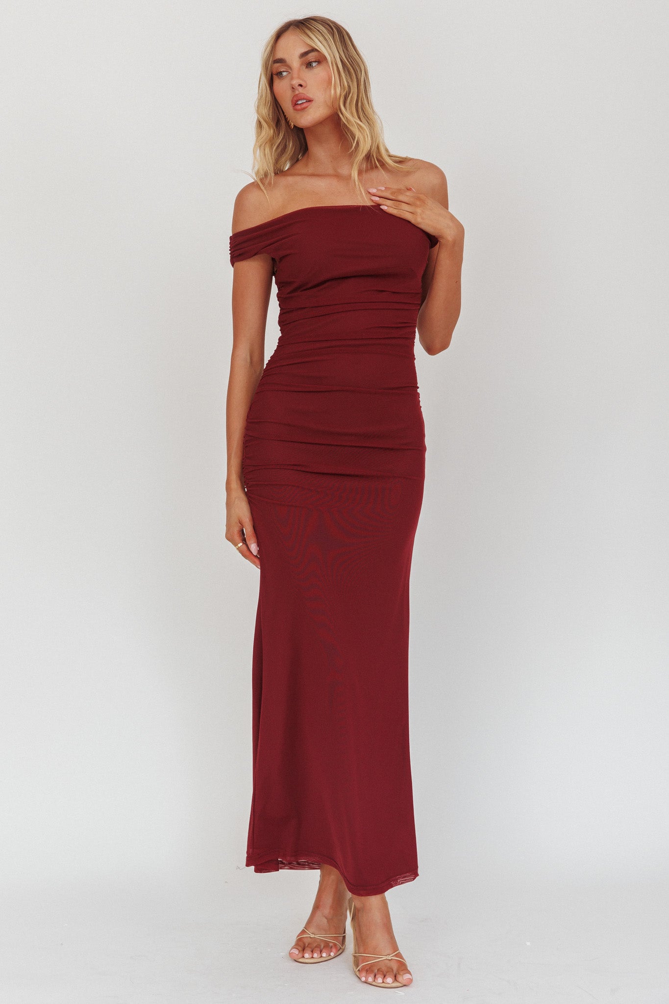In Blooms Off Shoulder Mesh Midi Dress Wine by Selfie Leslie Australia