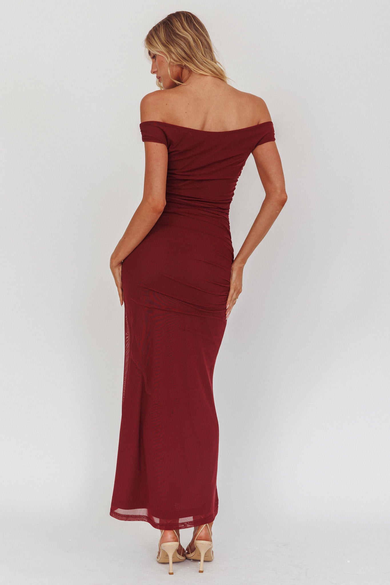 In Blooms Off Shoulder Mesh Midi Dress Wine by Selfie Leslie Australia