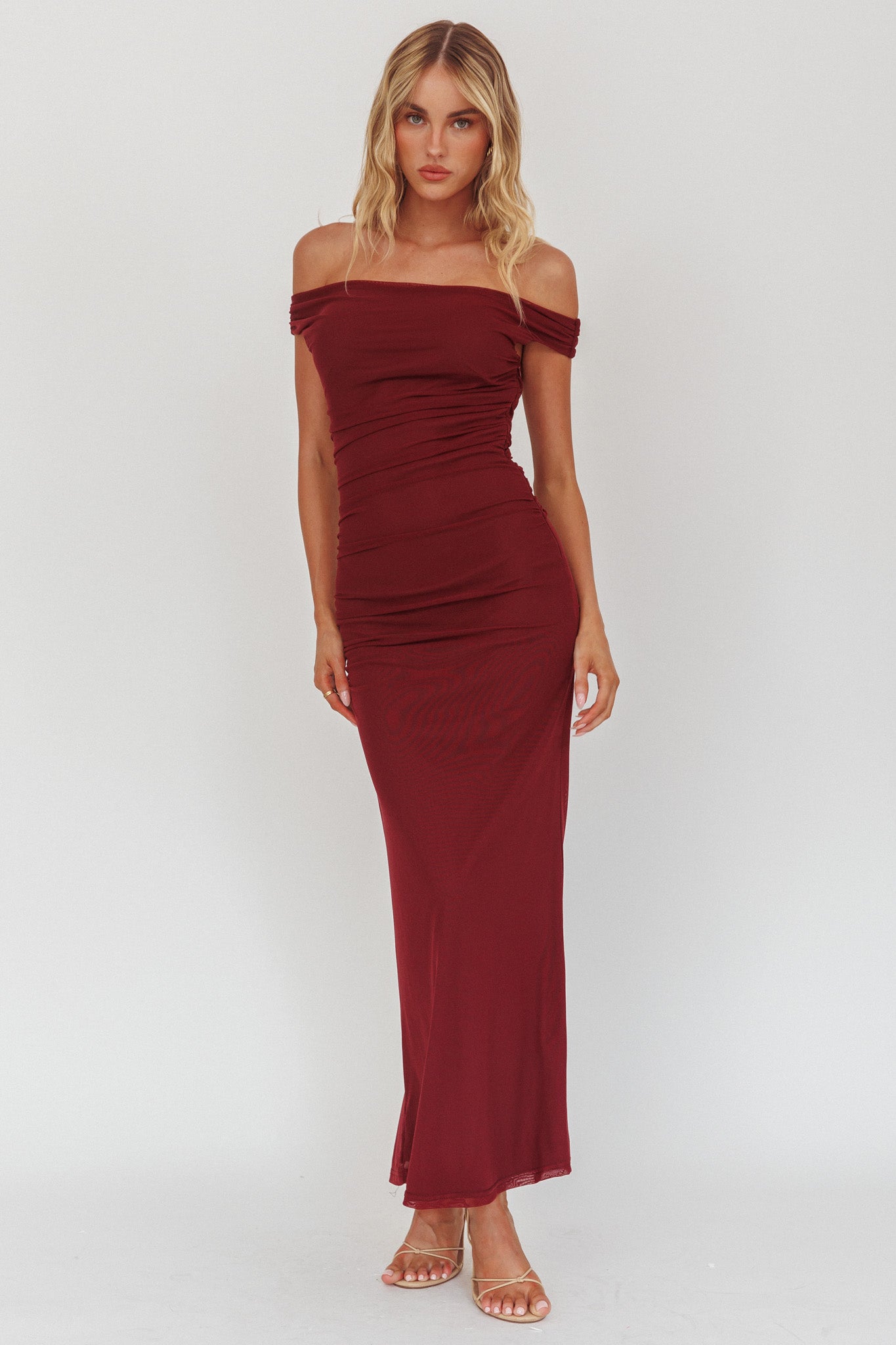 In Blooms Off Shoulder Mesh Midi Dress Wine by Selfie Leslie Australia