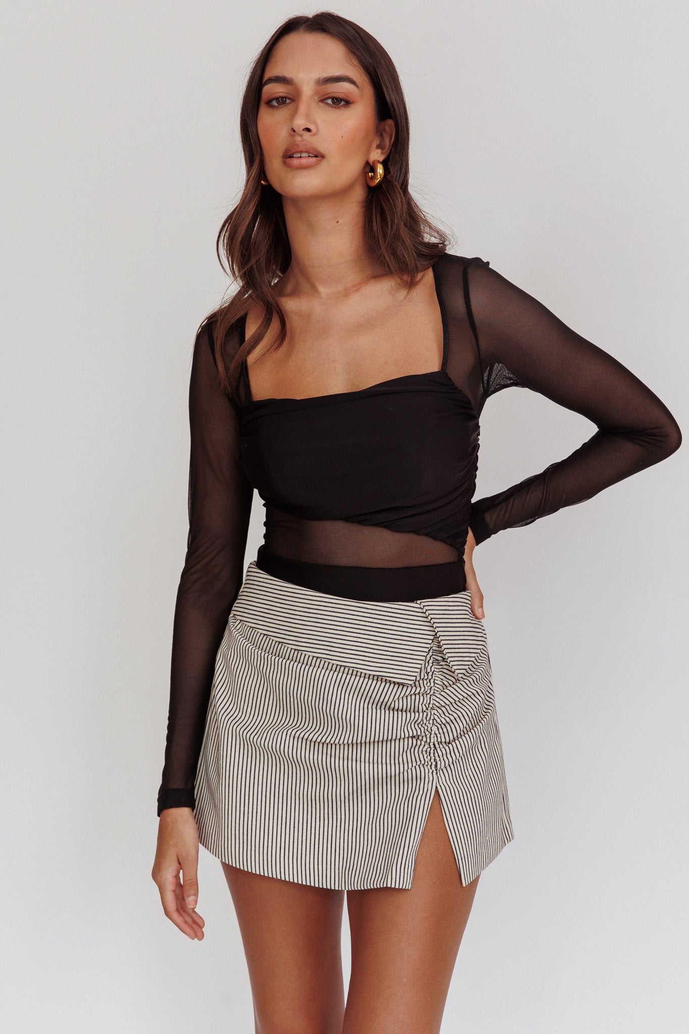 Toronto Long Sleeve Partial Sheer Bodysuit Black by Selfie Leslie Australia